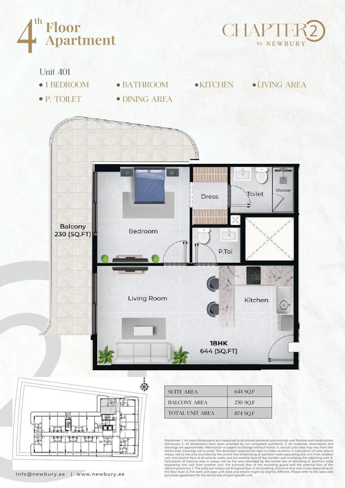 Chapter 02 1 bedroom apartment Unit 401 floor plan, 874 sq ft