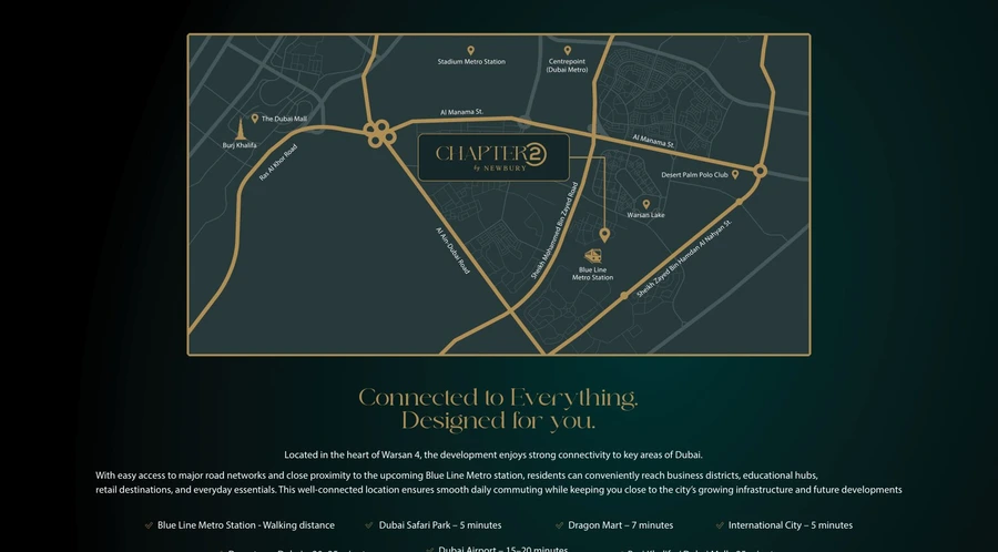 Chapter 02 connectivity map showing Warsan 4 and nearby Dubai destinations
