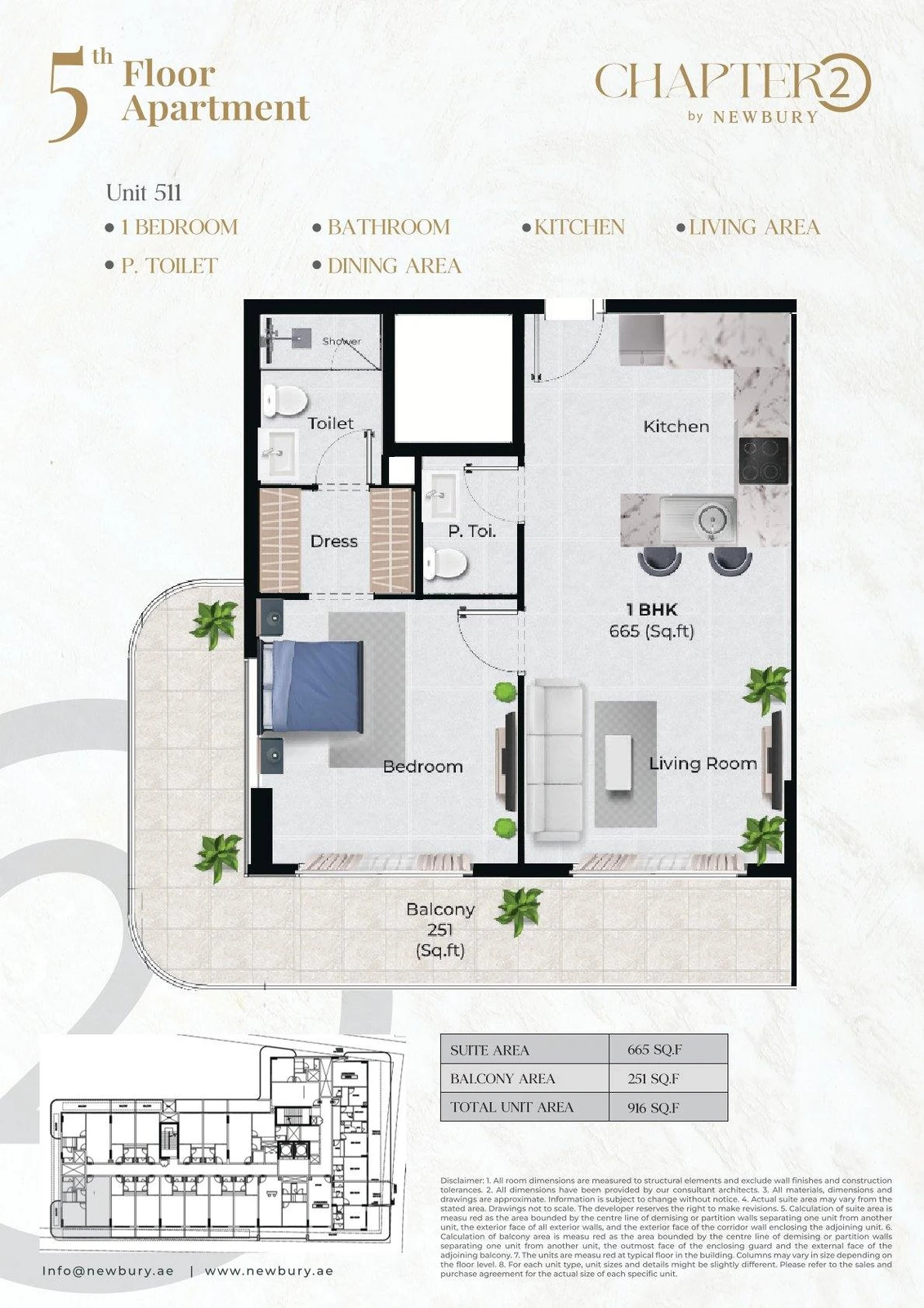 Chapter 02 1 bedroom apartment Unit 511 floor plan, 916 sq ft