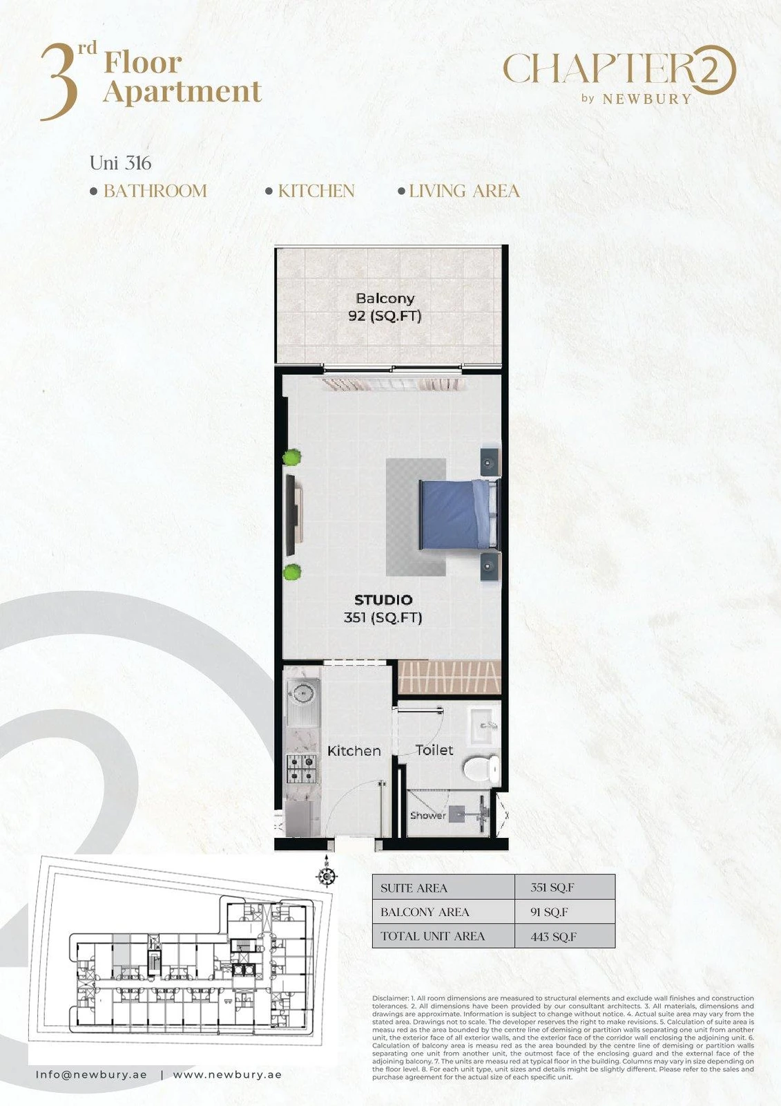 Chapter 02 studio apartment Unit 316 floor plan, 443 sq ft
