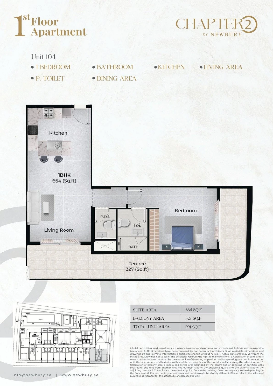 Chapter 02 1 bedroom apartment Unit 104 floor plan, 991 sq ft