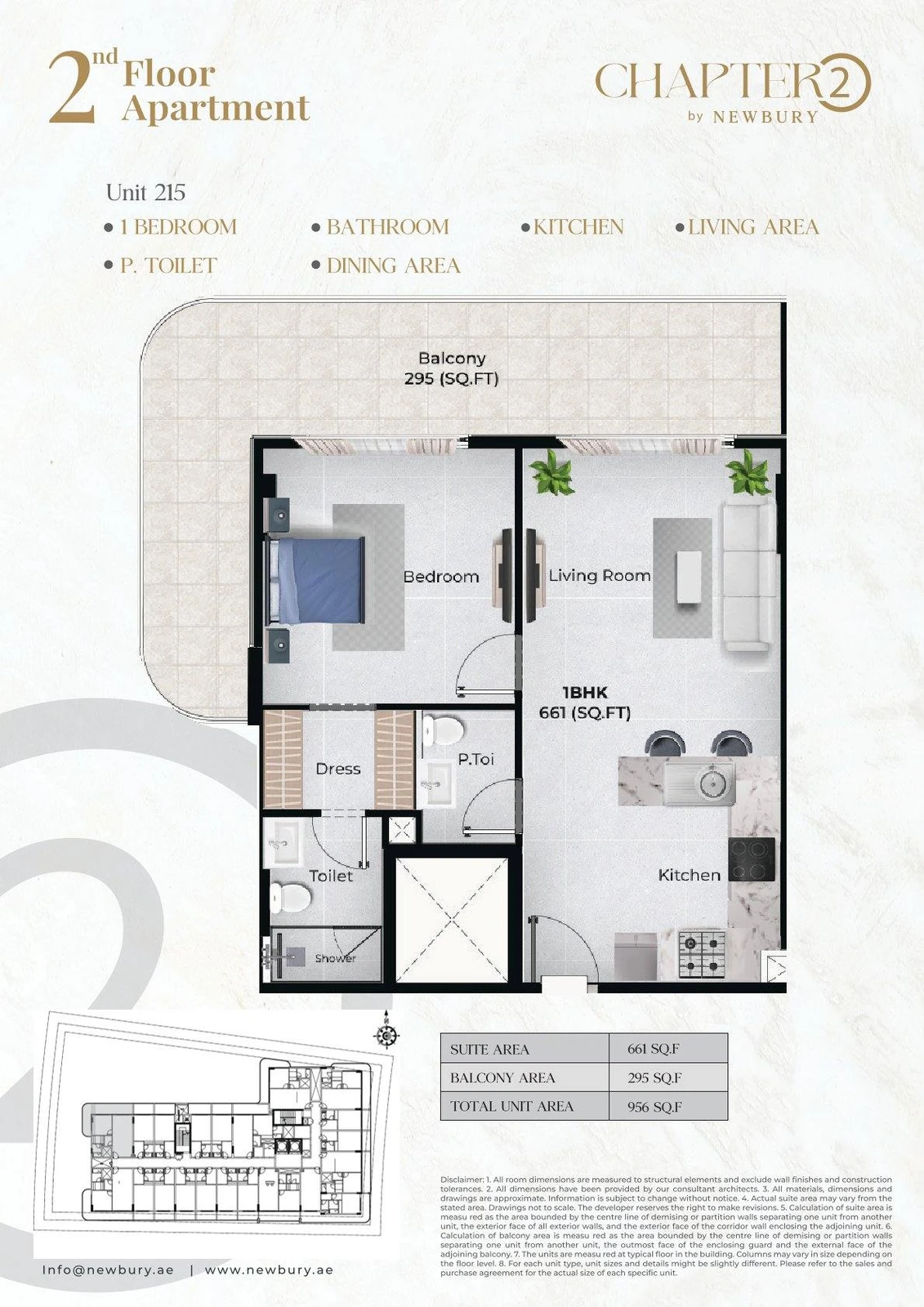 Chapter 02 1 bedroom apartment Unit 215 floor plan, 956 sq ft