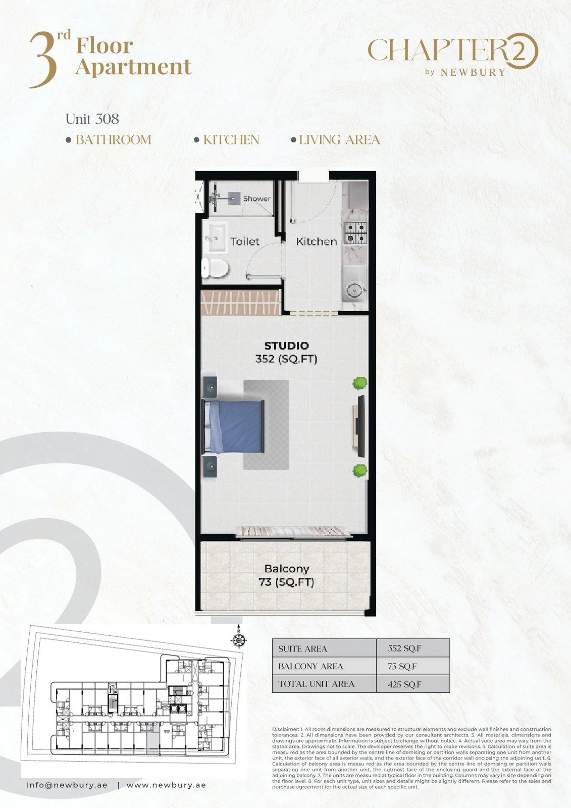 Chapter 02 studio apartment Unit 308 floor plan, 425 sq ft