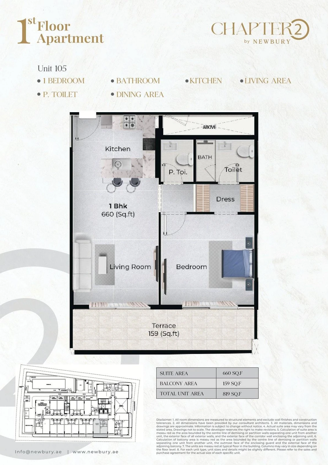 Chapter 02 1 bedroom apartment Unit 105 floor plan, 819 sq ft
