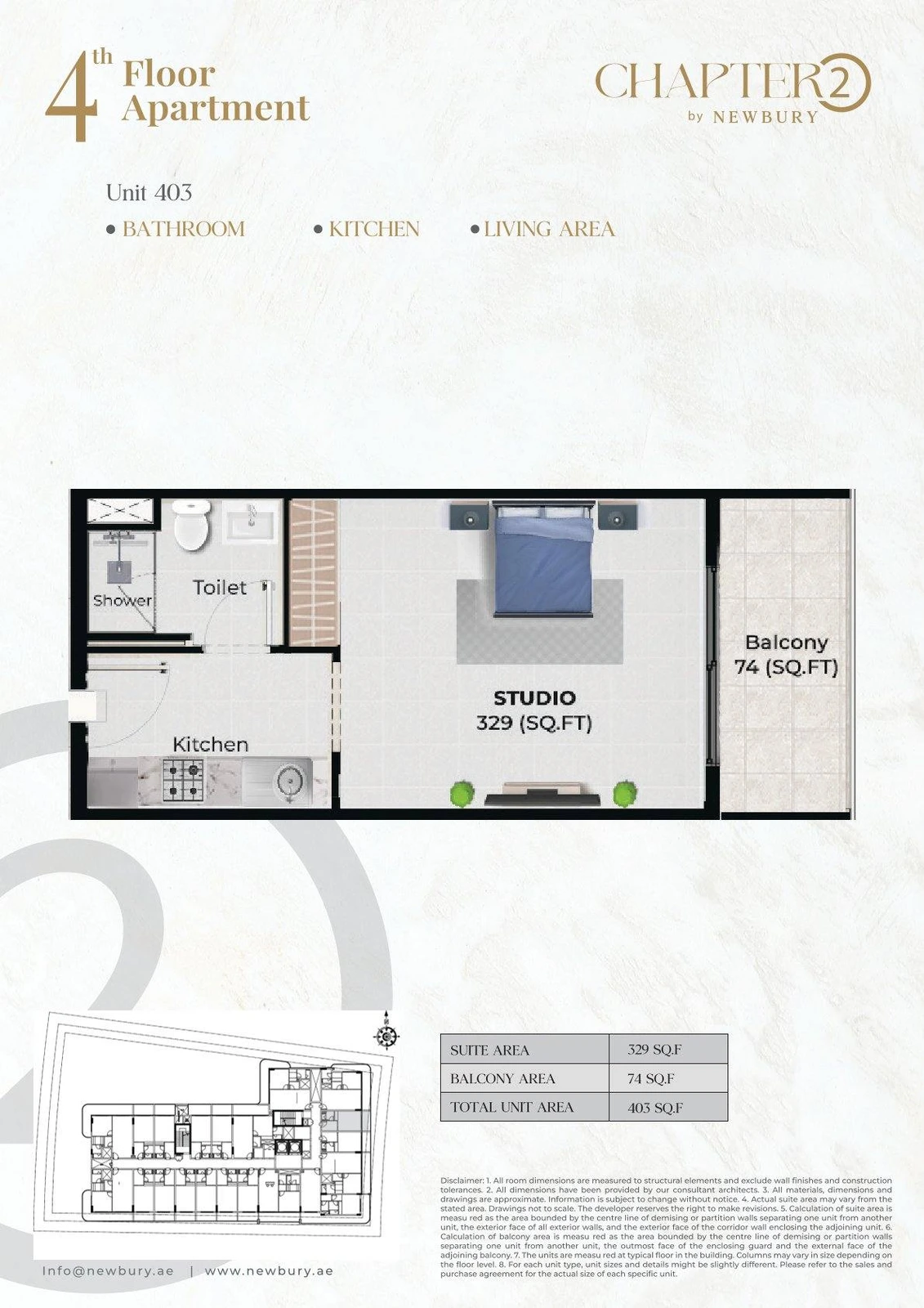 Chapter 02 studio apartment Unit 403 floor plan, 403 sq ft