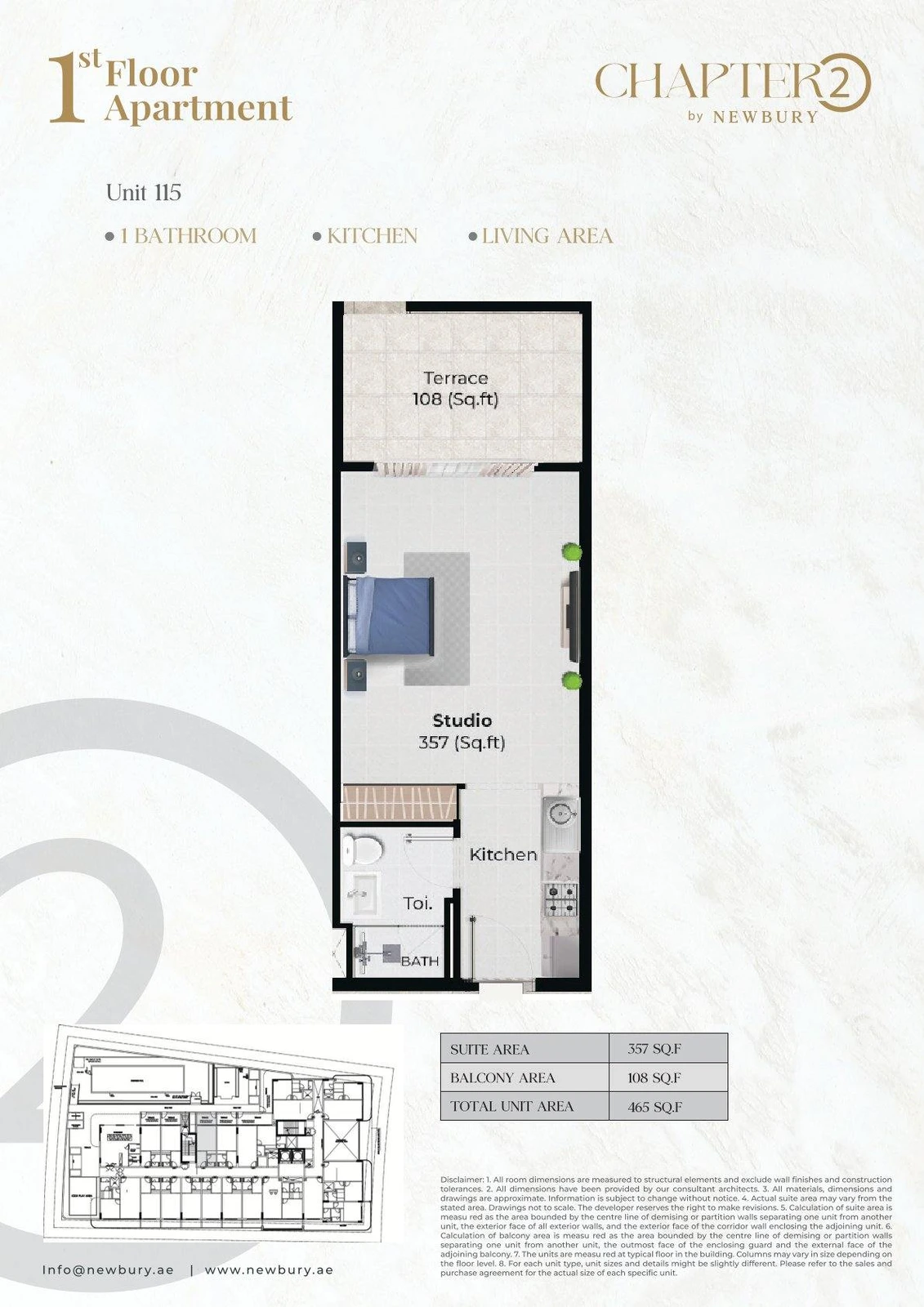 Chapter 02 studio apartment Unit 115 floor plan, 465 sq ft