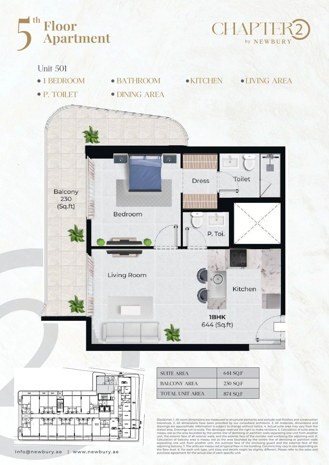 Chapter 02 1 bedroom apartment Unit 501 floor plan, 874 sq ft