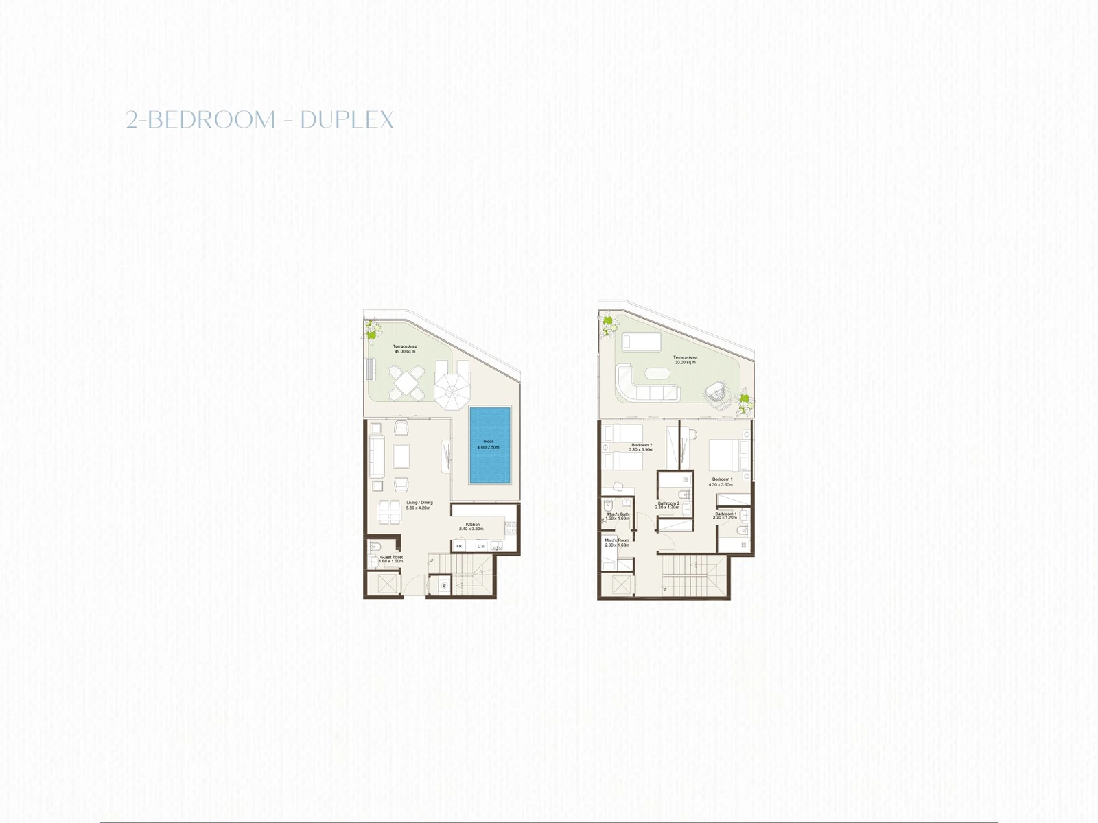Bab Al Qasr Sea View Residence 51 2-bedroom duplex floor plan showing both levels, terraces and private pool