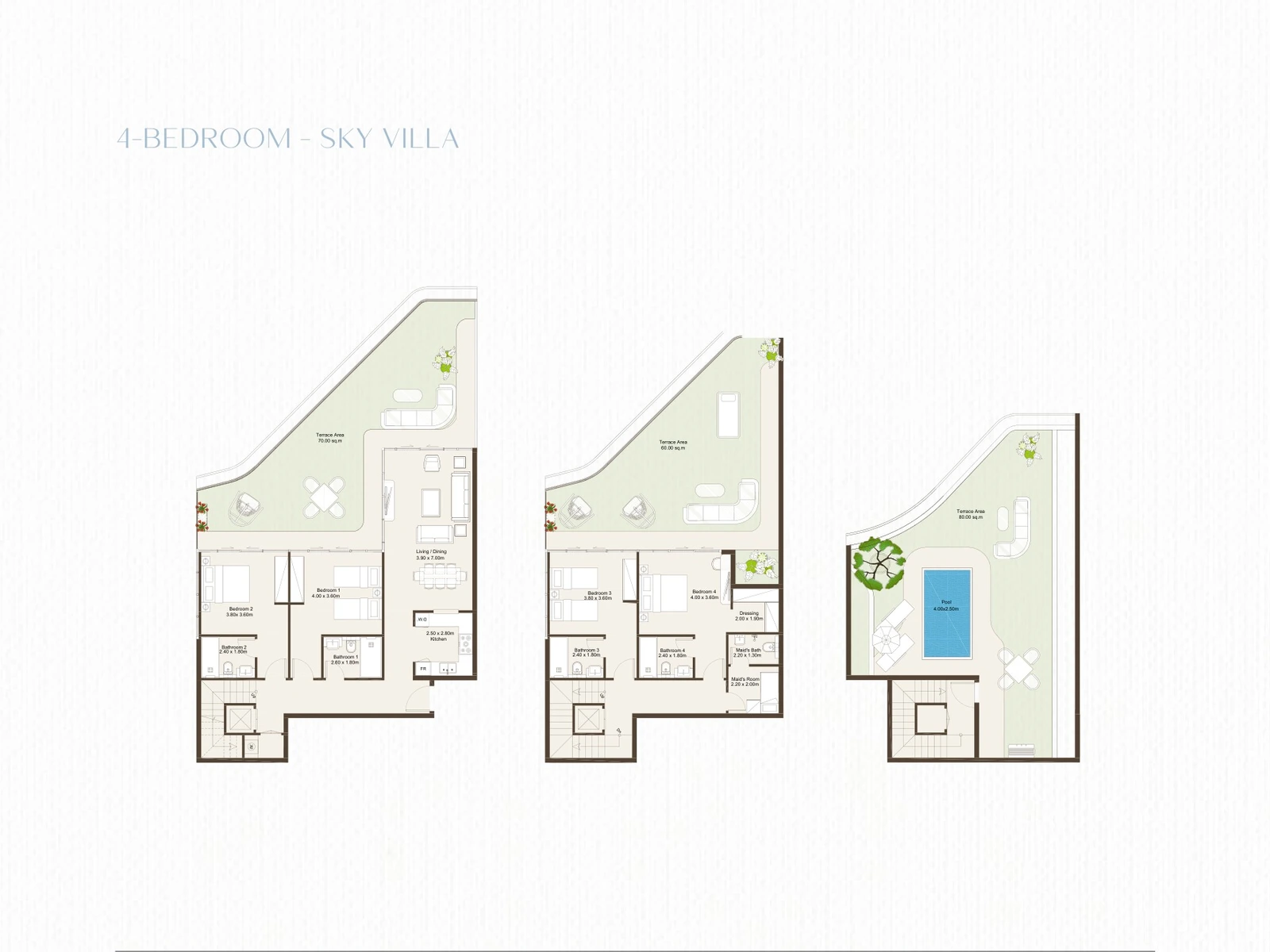 Bab Al Qasr Sea View Residence 51 4-bedroom Sky Villa floor plan showing three levels, terraces and rooftop pool