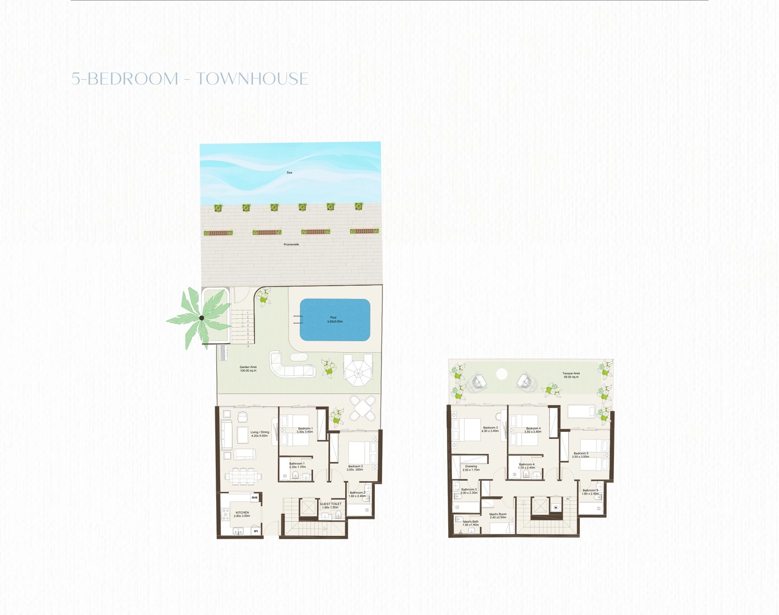 Bab Al Qasr Sea View Residence 51 5-bedroom waterfront townhouse floor plan showing two levels, garden and private pool