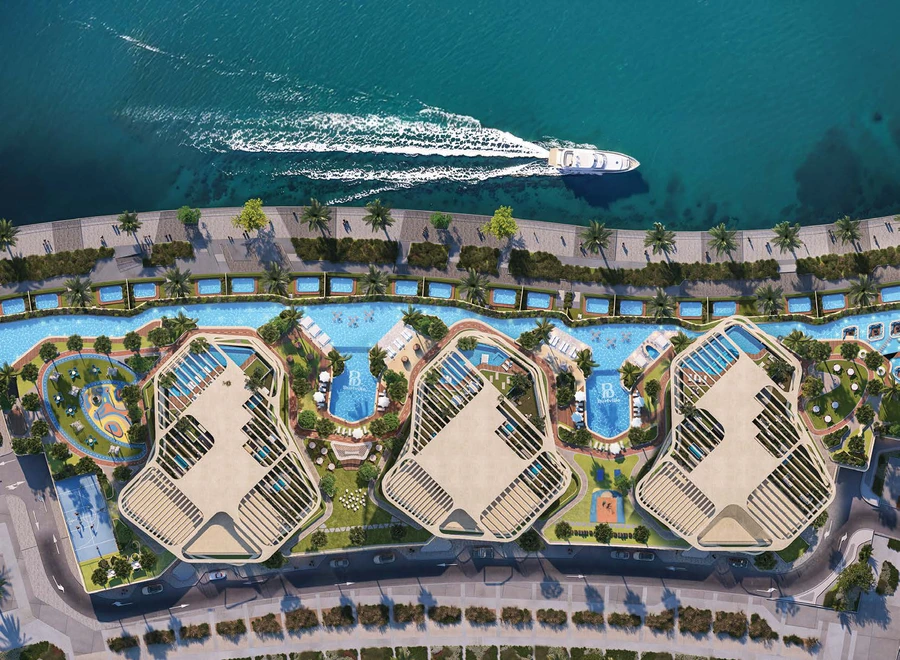 Aerial site plan of Bab Al Qasr Sea View Residence 51 showing three towers, landscaped amenities, waterfront townhouses and promenade