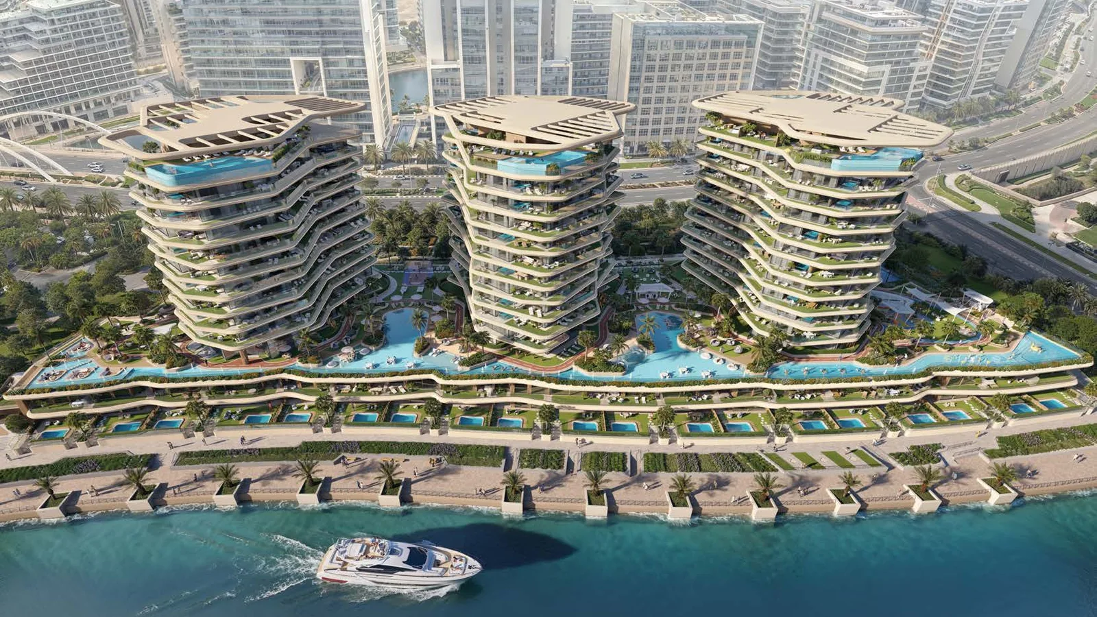Aerial view of the three waterfront towers at Bab Al Qasr Sea View Residence 51