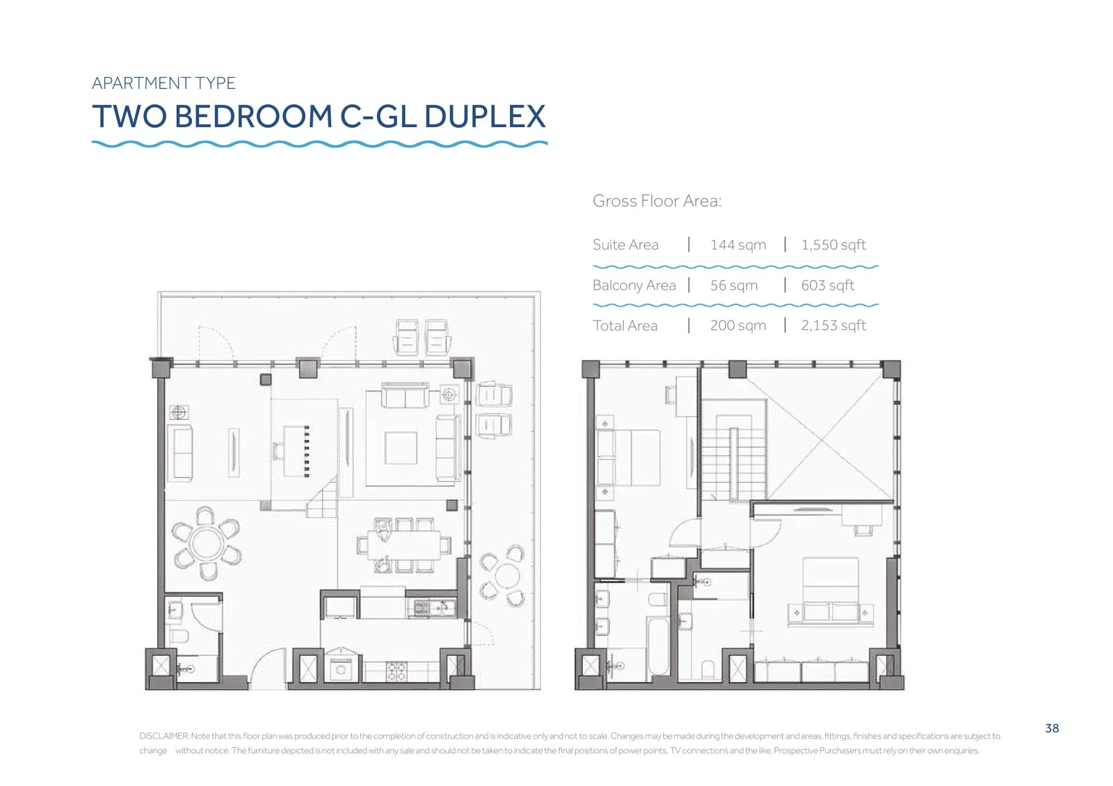 Yas Beach Residence 2-bedroom Type C-GL duplex floor plan showing lower and upper floors