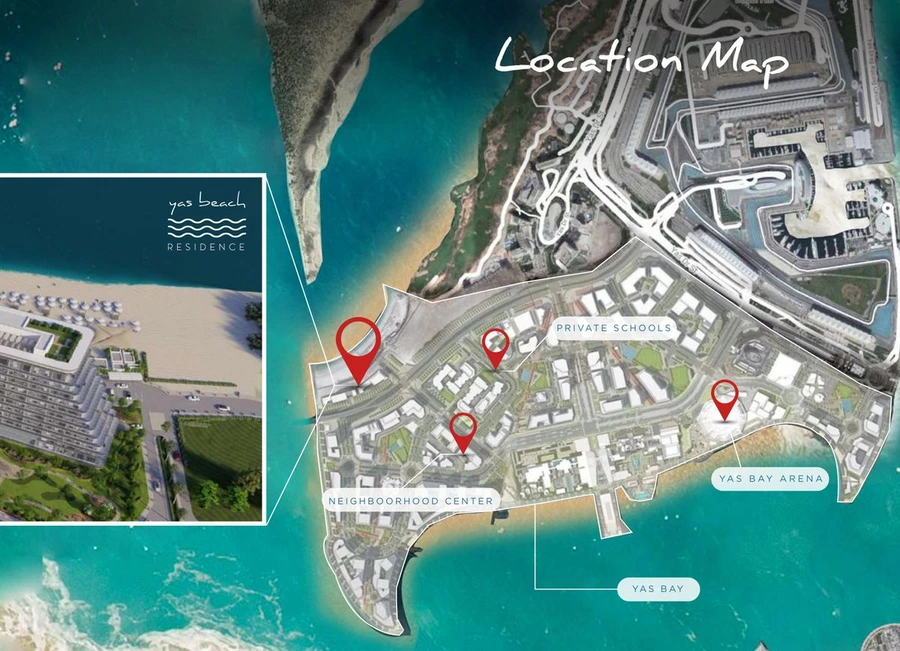 Location map for Yas Beach Residence at Yas Bay showing nearby private schools, neighbourhood centre and Yas Bay Arena