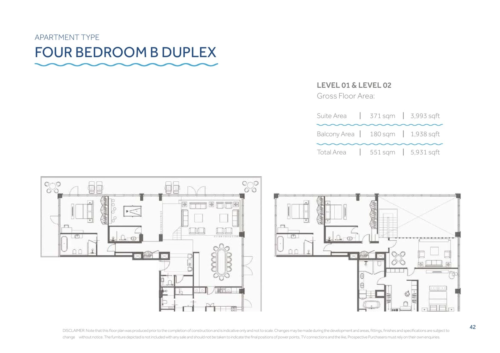 Yas Beach Residence 4-bedroom Type B duplex floor plan showing Level 01 and Level 02
