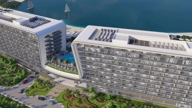 Aerial view of Yas Beach Residence and its two connected waterfront buildings