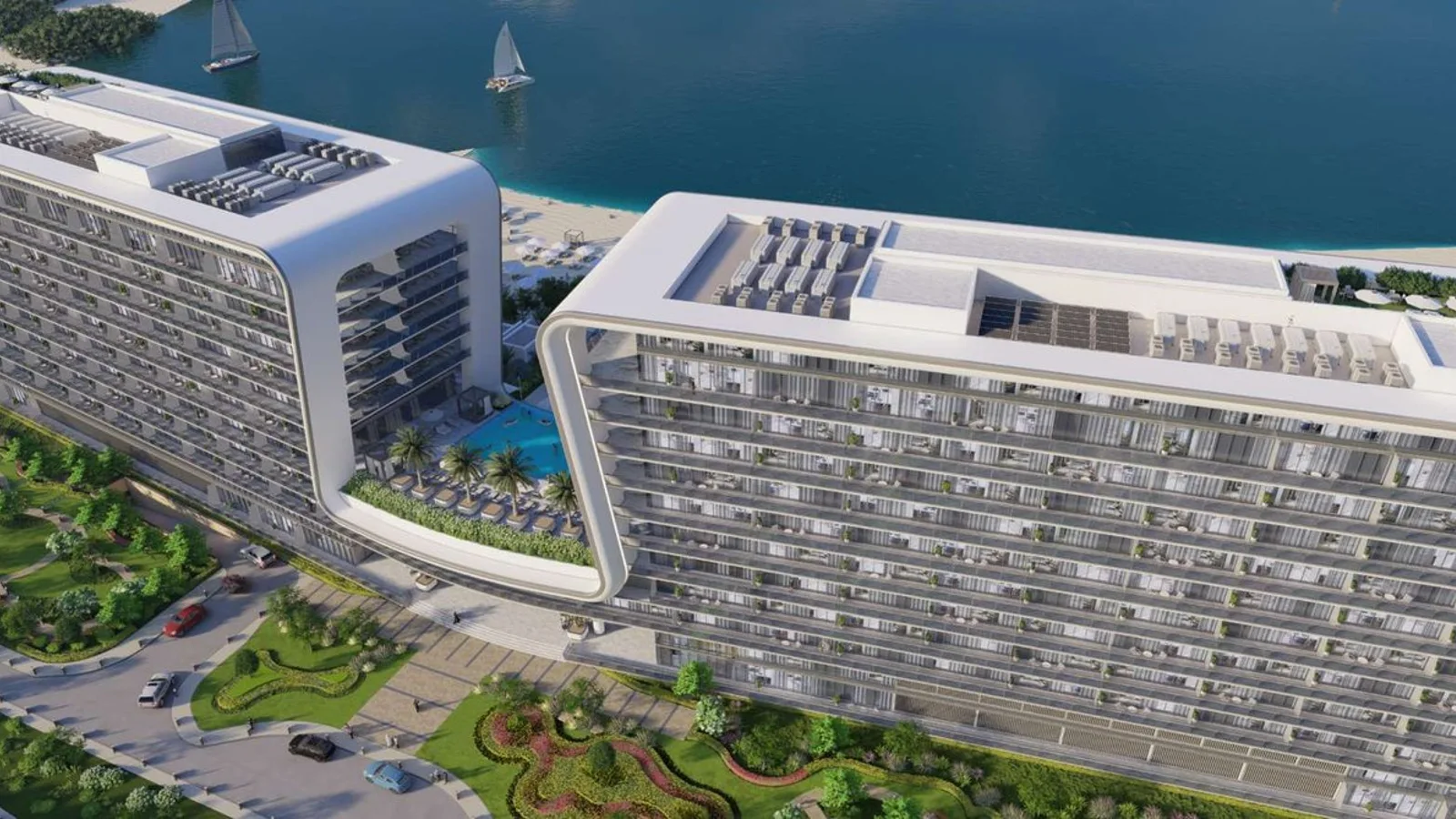Aerial view of Yas Beach Residence and its two connected waterfront buildings