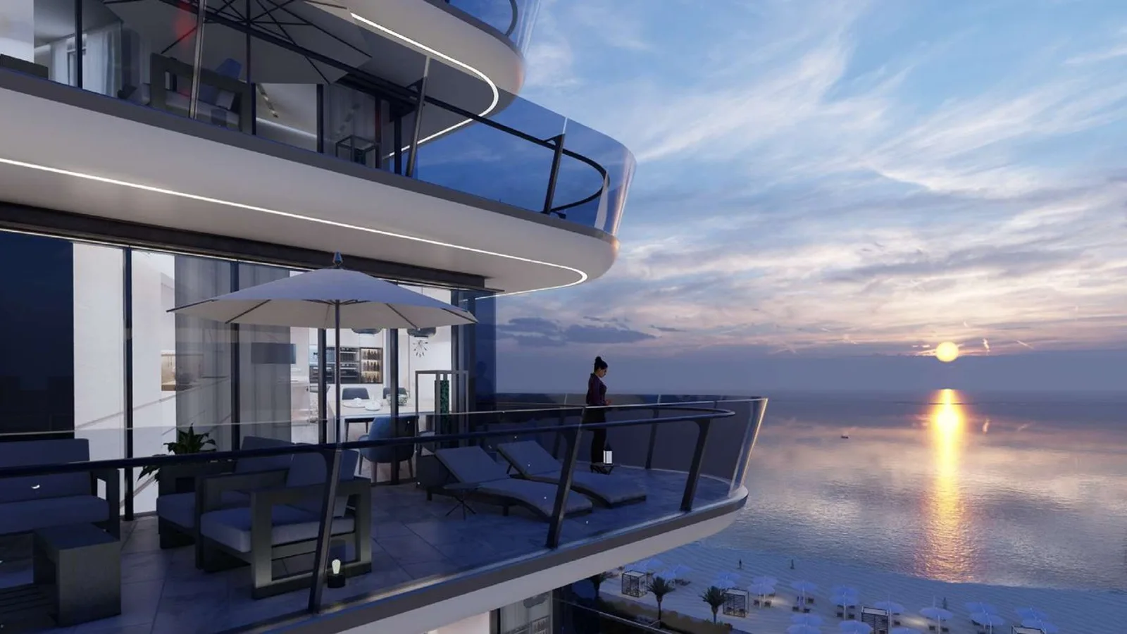Yas Beach Residence balcony overlooking the waterfront at sunset