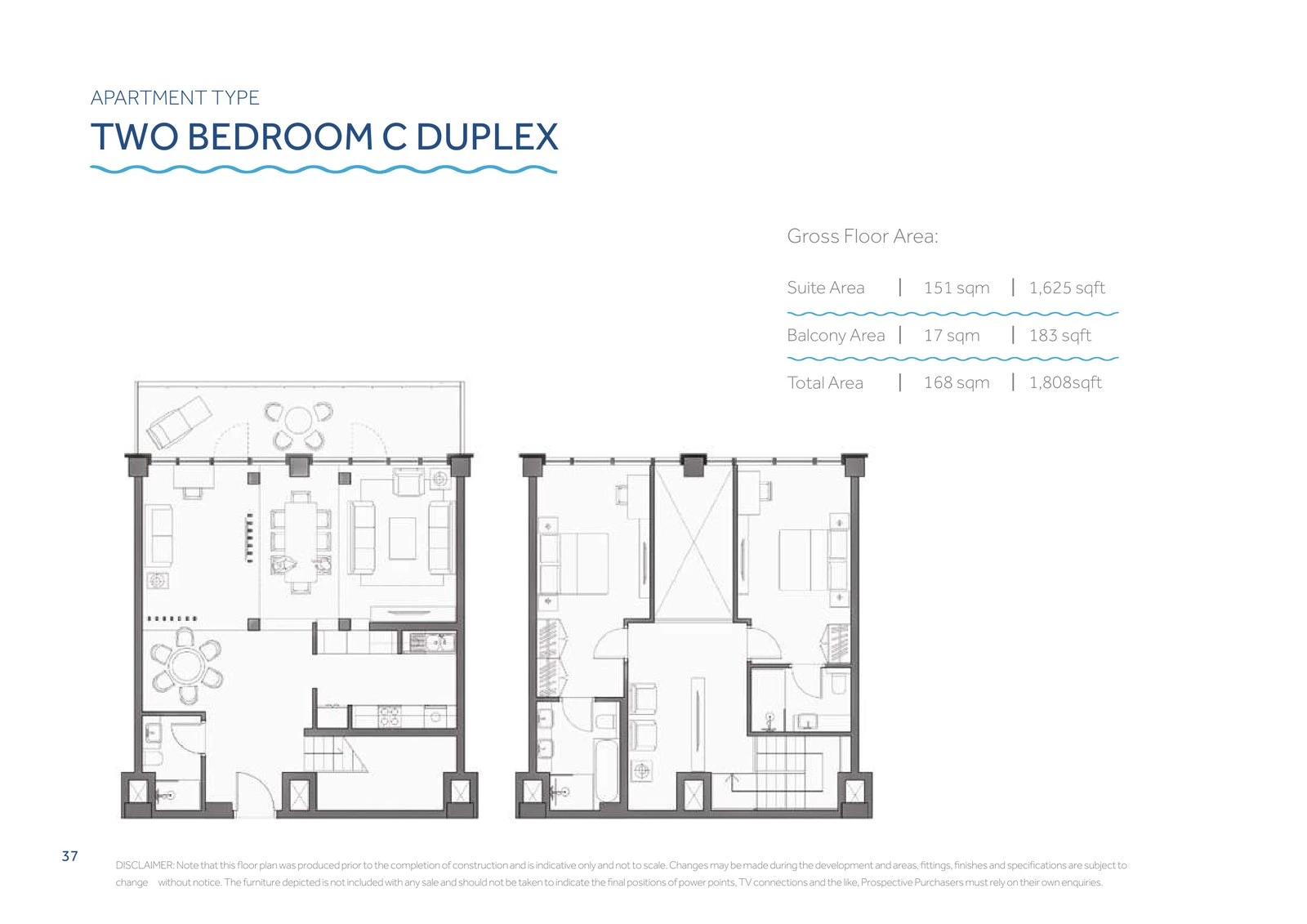 Yas Beach Residence 2-bedroom Type C duplex floor plan showing lower and upper floors