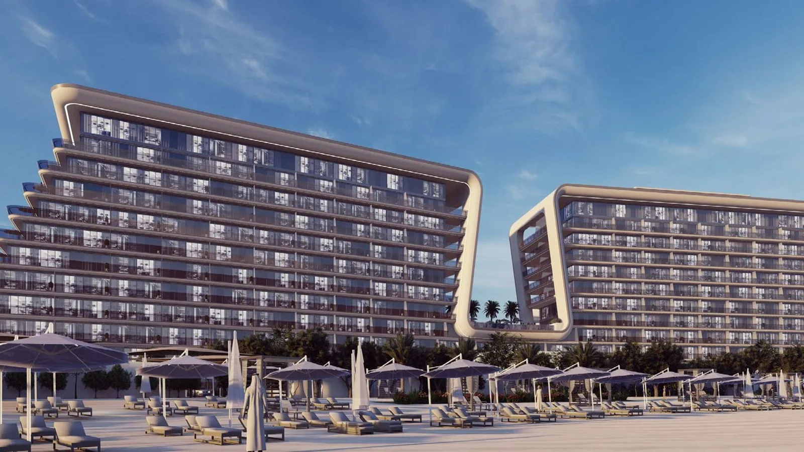 Beachfront view of the two Yas Beach Residence buildings