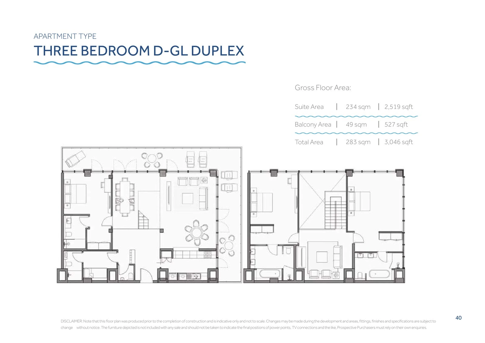 Yas Beach Residence 3-bedroom Type D-GL duplex floor plan showing lower and upper floors