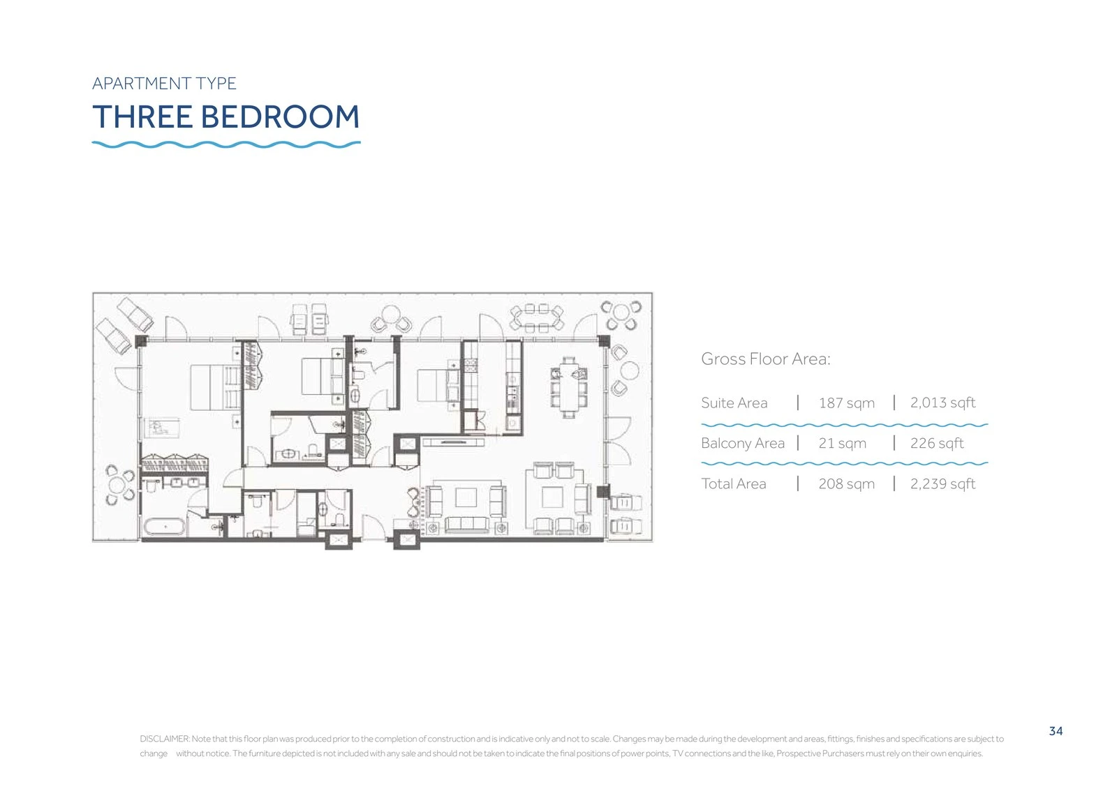 Yas Beach Residence standard 3-bedroom apartment floor plan