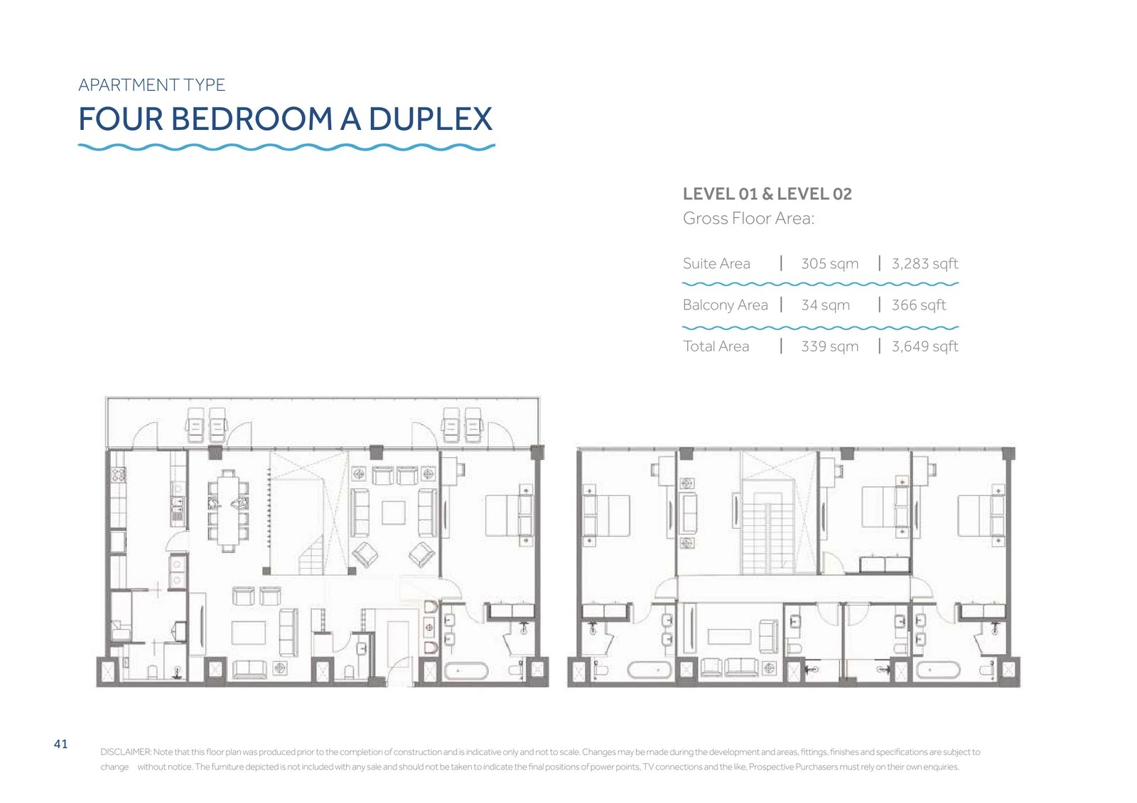 Yas Beach Residence 4-bedroom Type A duplex floor plan showing Level 01 and Level 02