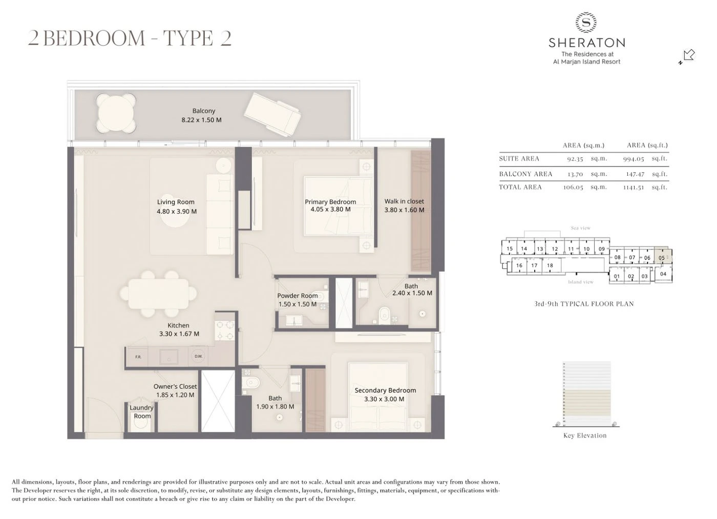 The Residences at Sheraton Al Marjan Island Resort 2-bedroom Type 2 apartment floor plan, 1,142 sq ft
