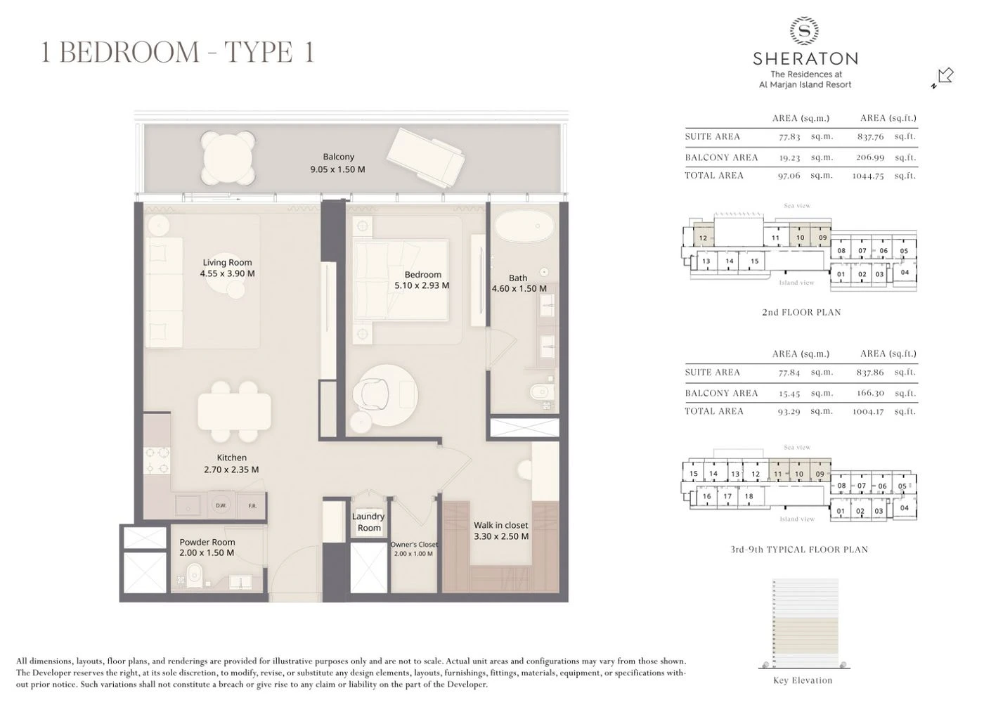 The Residences at Sheraton Al Marjan Island Resort 1-bedroom Type 1 apartment floor plan, 1,004 to 1,045 sq ft