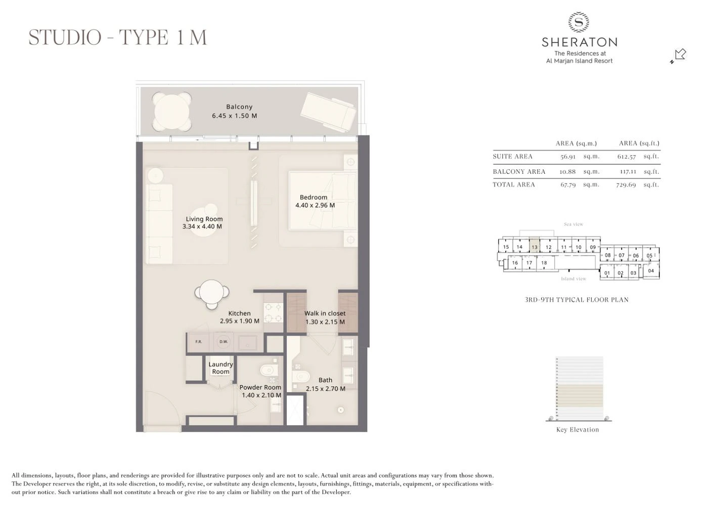 The Residences at Sheraton Al Marjan Island Resort studio Type 1M apartment floor plan, 730 sq ft