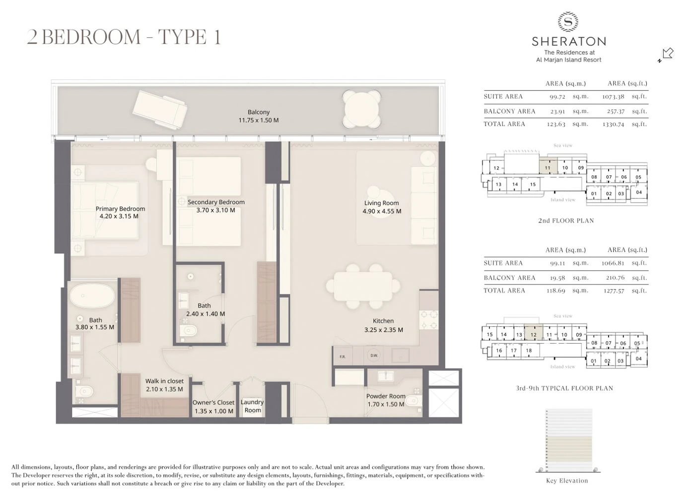 The Residences at Sheraton Al Marjan Island Resort 2-bedroom Type 1 apartment floor plan, 1,278 to 1,331 sq ft