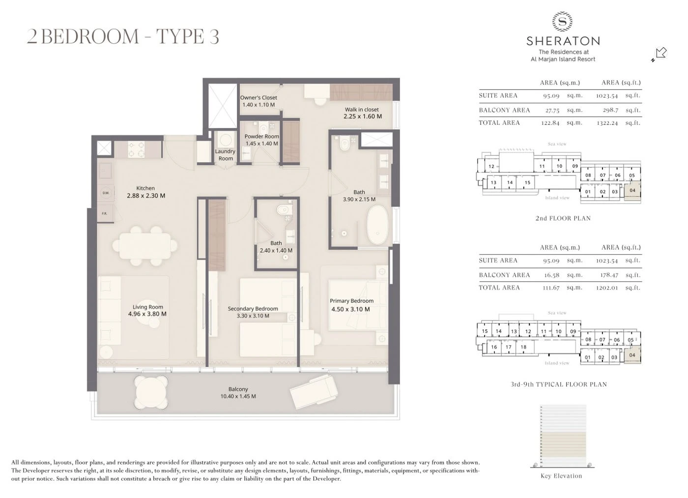 The Residences at Sheraton Al Marjan Island Resort 2-bedroom Type 3 apartment floor plan, 1,202 to 1,322 sq ft