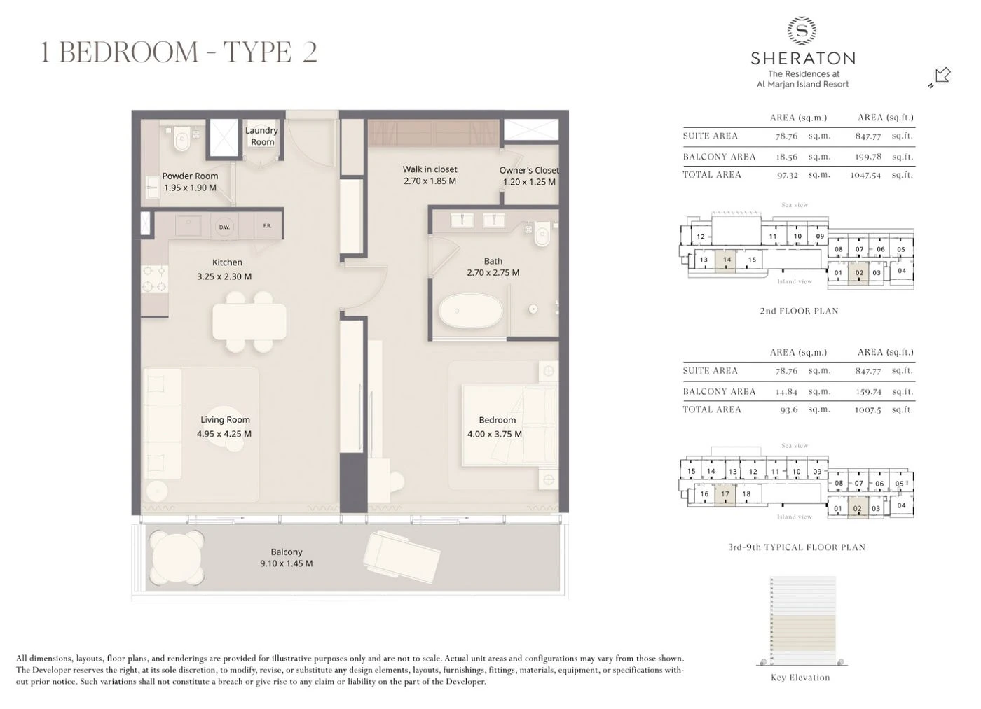 The Residences at Sheraton Al Marjan Island Resort 1-bedroom Type 2 apartment floor plan, 1,008 to 1,048 sq ft
