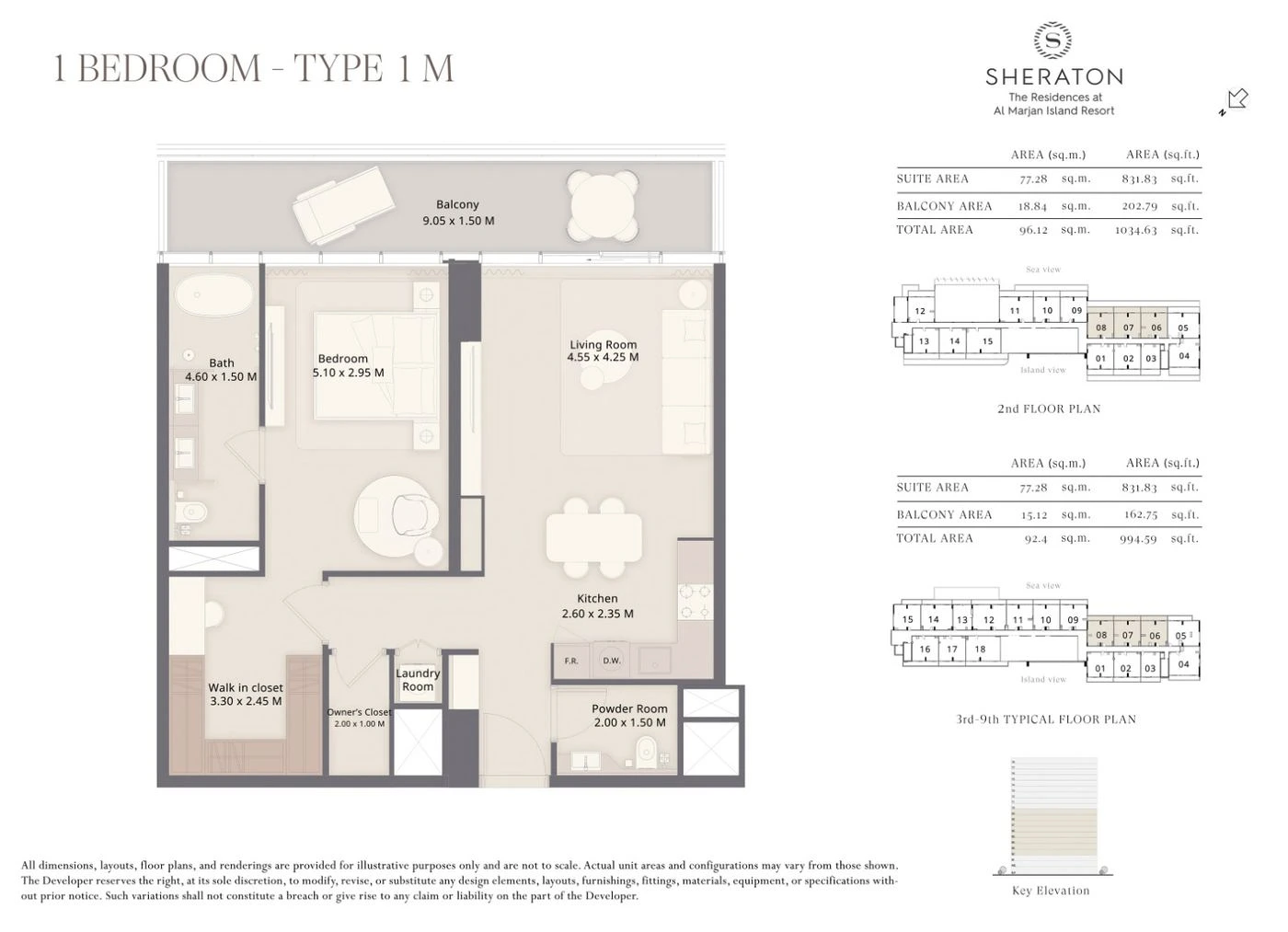 The Residences at Sheraton Al Marjan Island Resort 1-bedroom Type 1M apartment floor plan, 995 to 1,035 sq ft