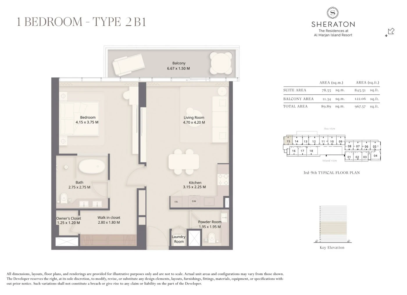 The Residences at Sheraton Al Marjan Island Resort 1-bedroom Type 2B1 apartment floor plan, 968 sq ft