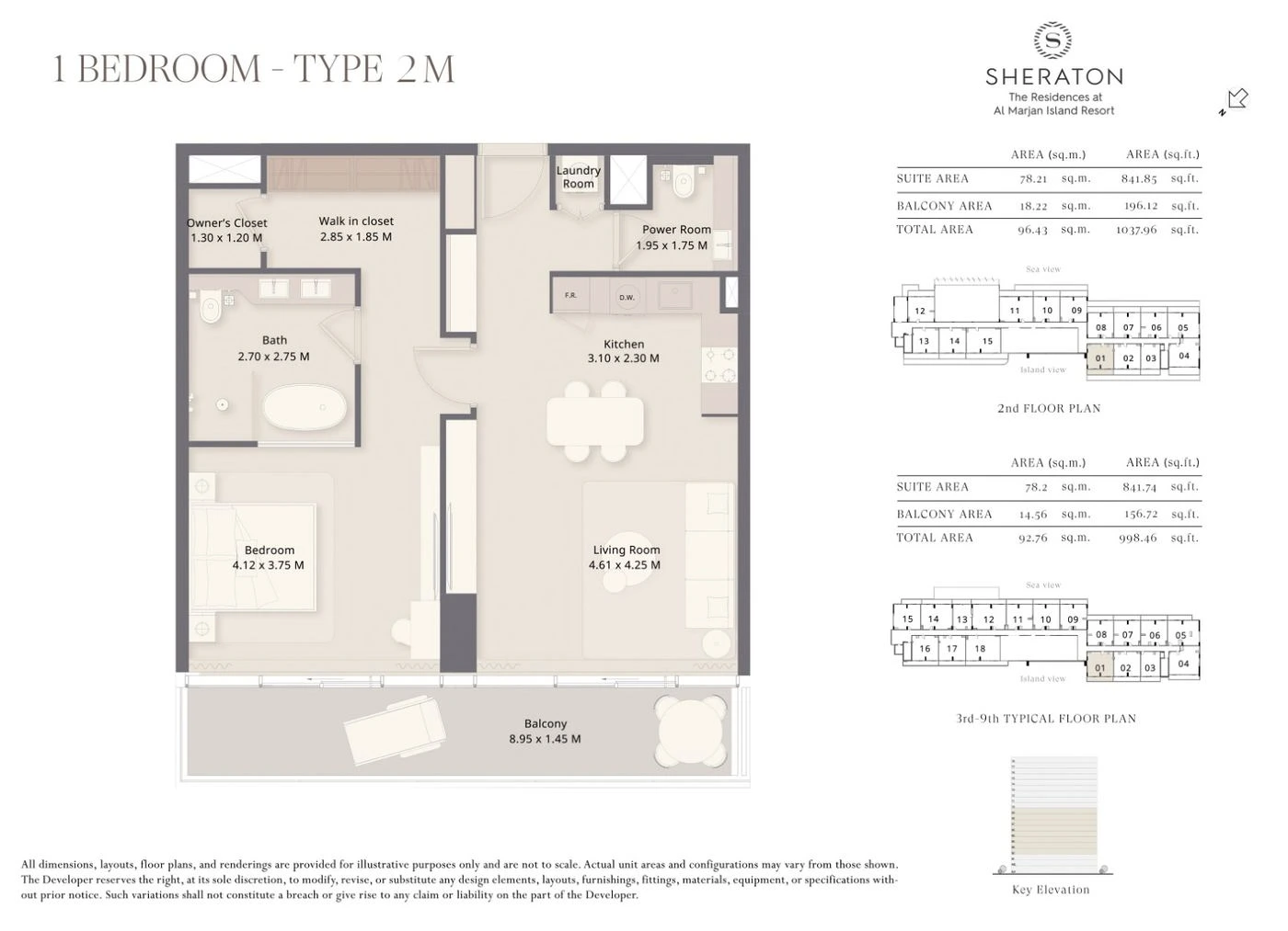 The Residences at Sheraton Al Marjan Island Resort 1-bedroom Type 2M apartment floor plan, 998 to 1,038 sq ft