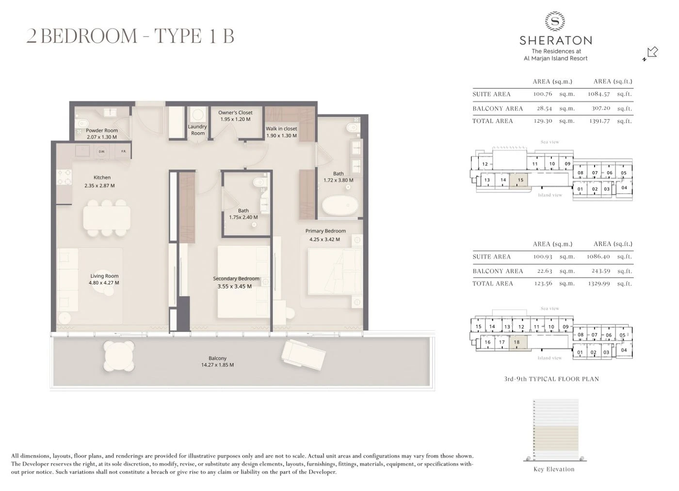 The Residences at Sheraton Al Marjan Island Resort 2-bedroom Type 1B apartment floor plan, 1,330 to 1,392 sq ft