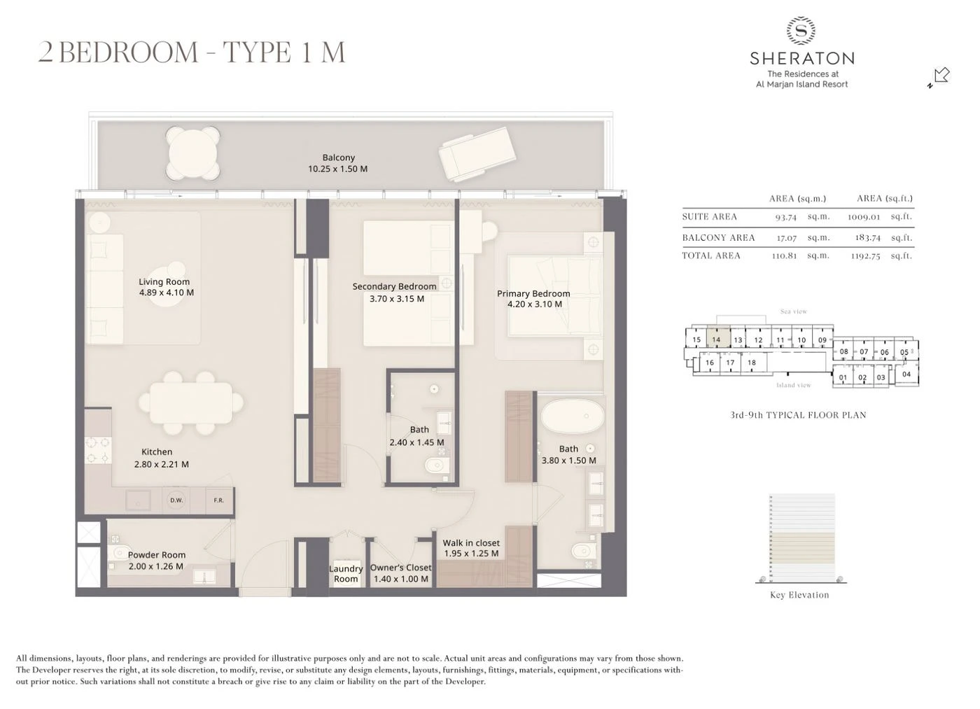 The Residences at Sheraton Al Marjan Island Resort 2-bedroom Type 1M apartment floor plan, 1,193 sq ft