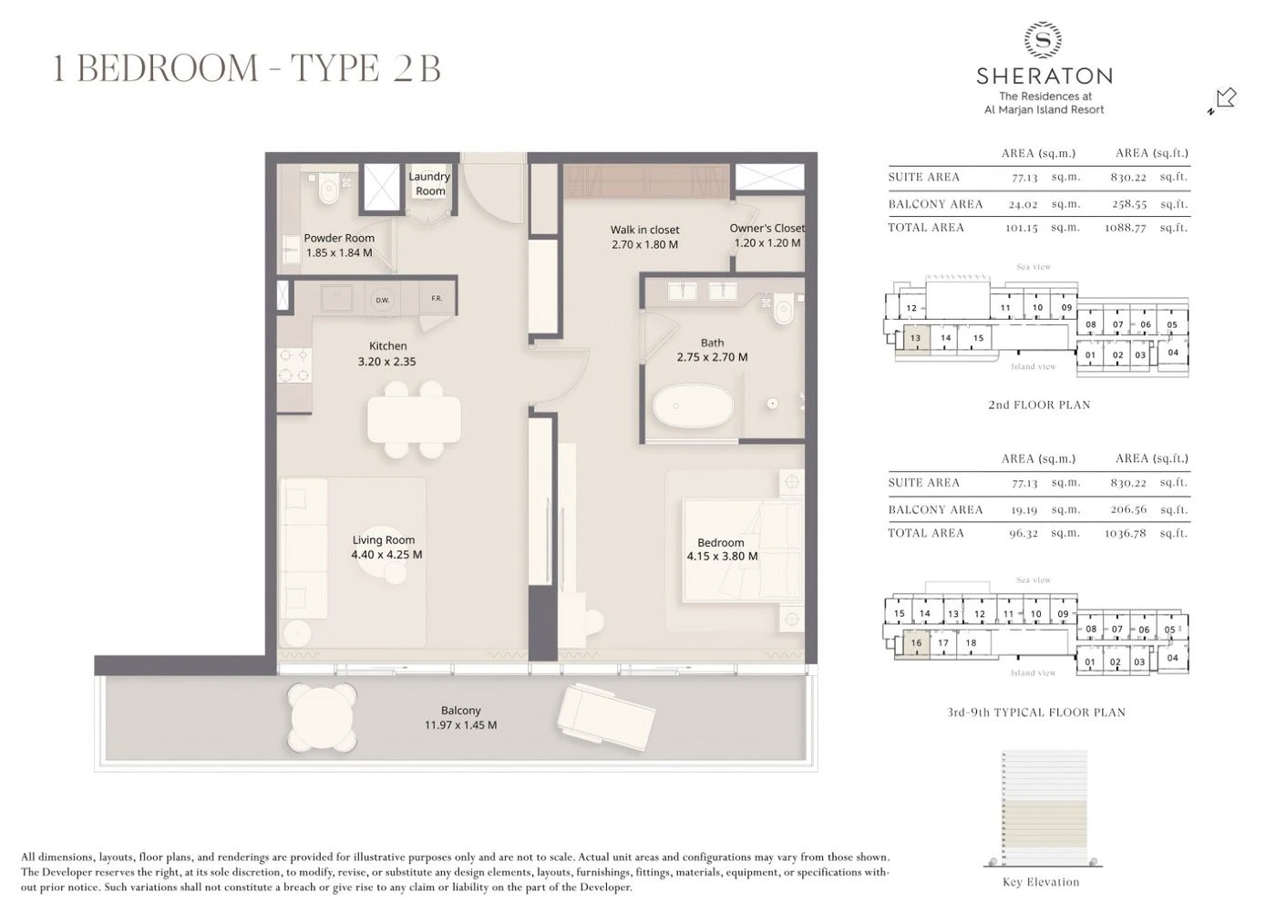 The Residences at Sheraton Al Marjan Island Resort 1-bedroom Type 2B apartment floor plan, 1,037 to 1,089 sq ft
