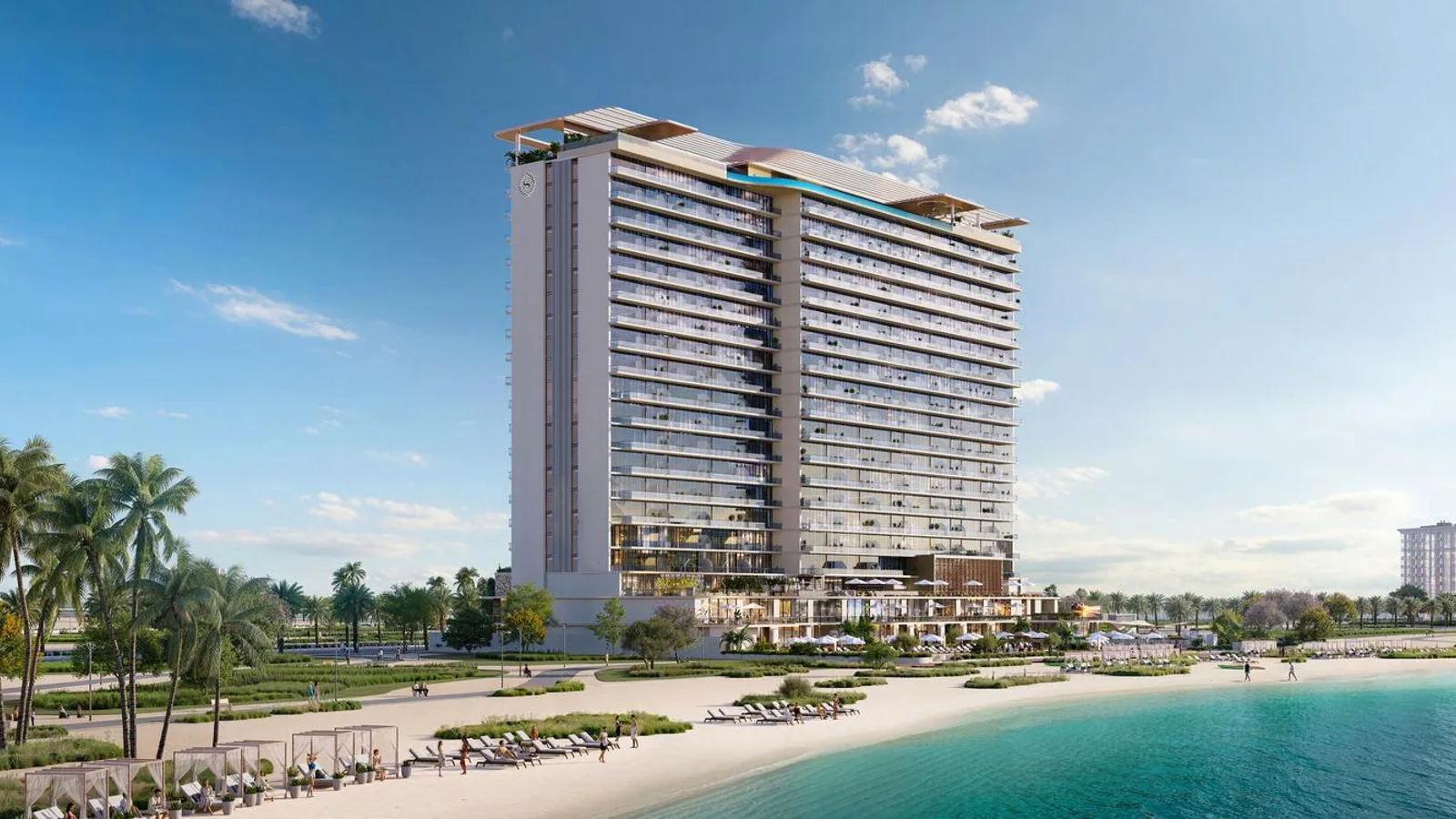 Beachfront exterior of The Residences at Sheraton Al Marjan Island Resort beside the Arabian Gulf