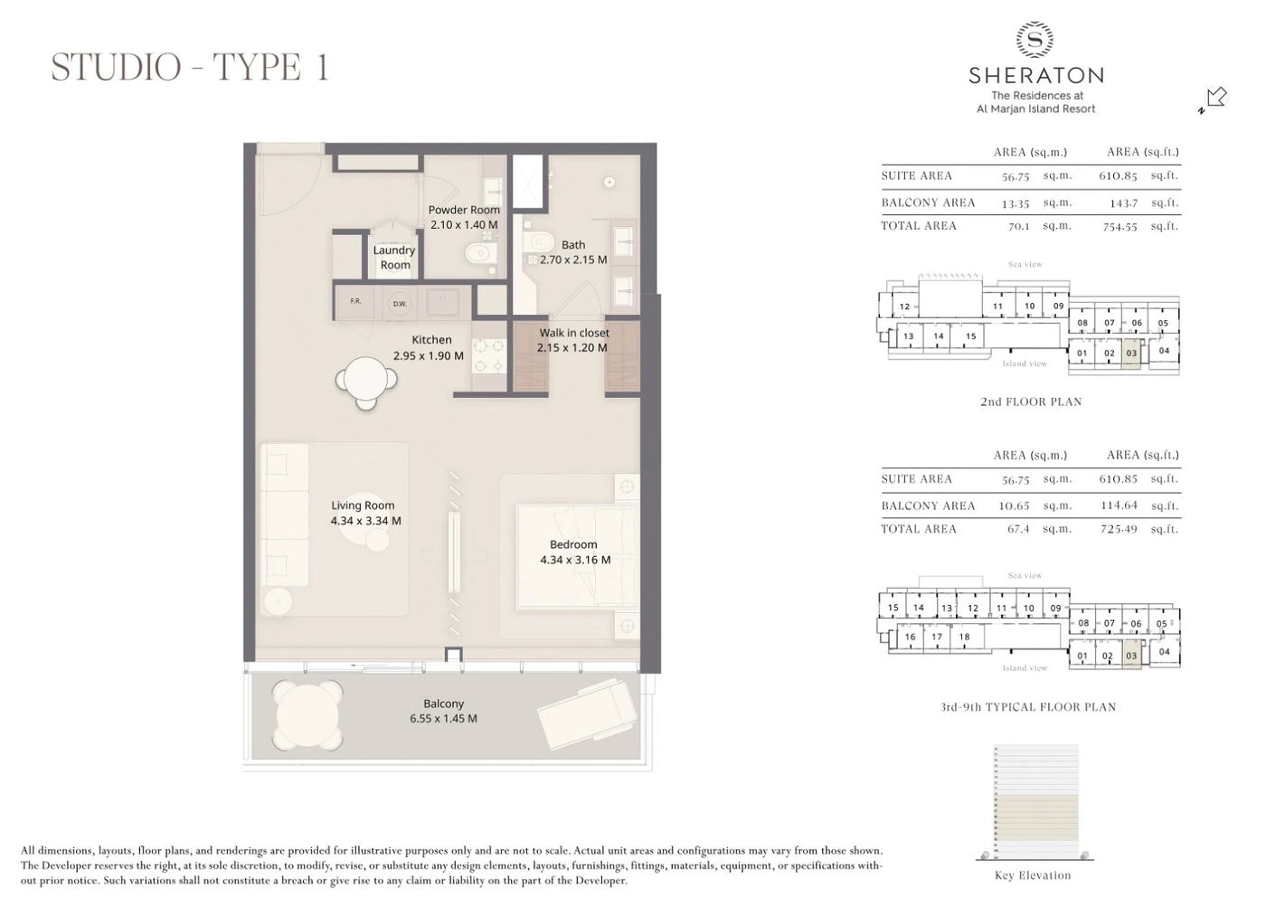 The Residences at Sheraton Al Marjan Island Resort studio Type 1 apartment floor plan, 725 to 755 sq ft