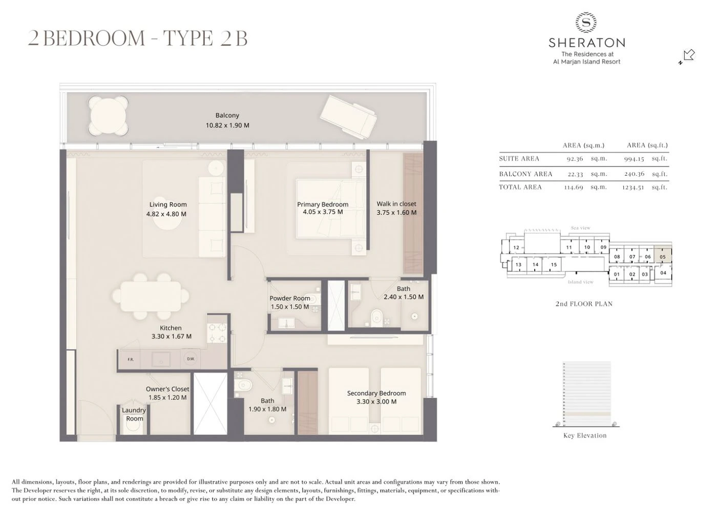 The Residences at Sheraton Al Marjan Island Resort 2-bedroom Type 2B apartment floor plan, 1,235 sq ft