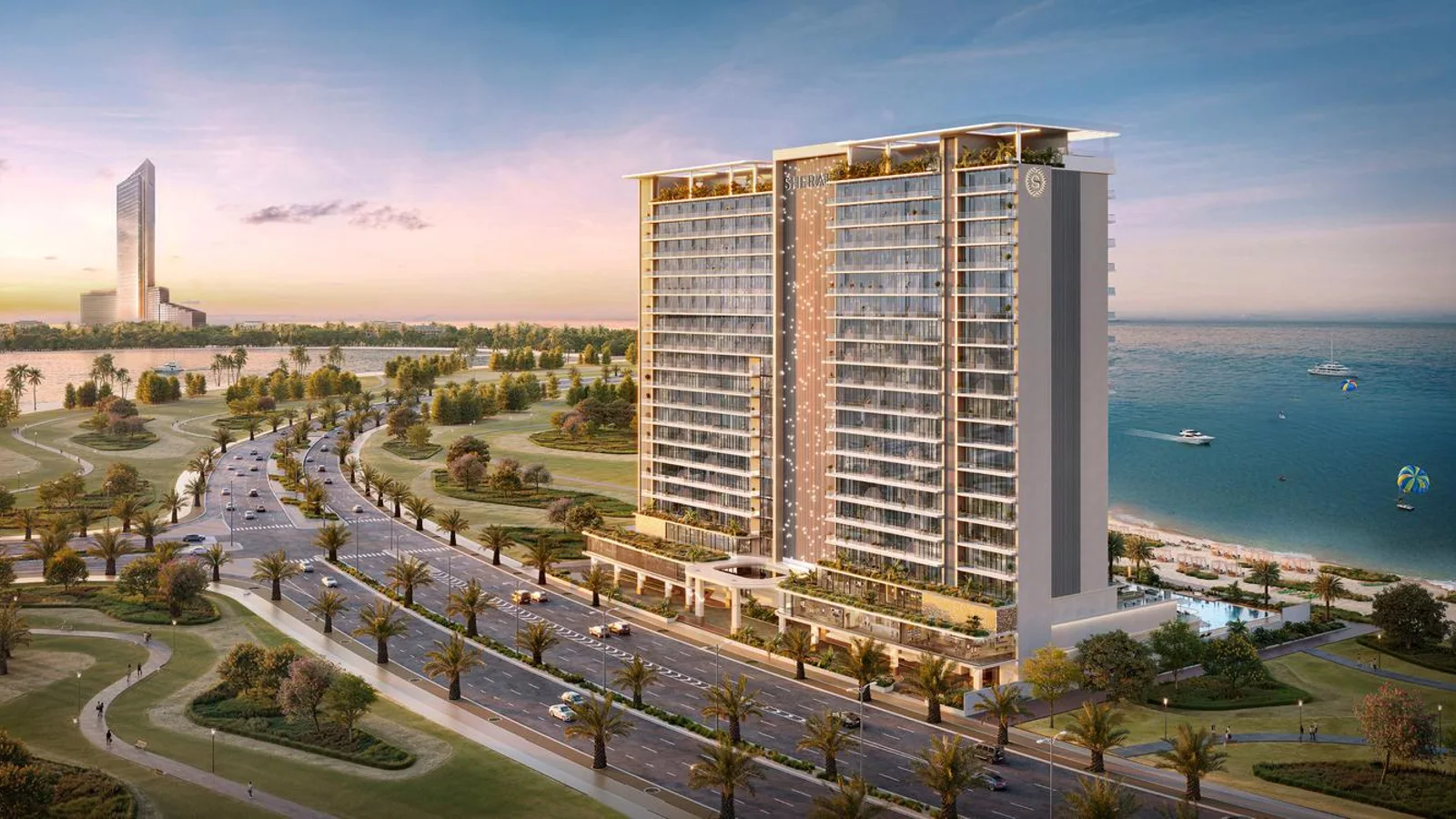 Aerial view of The Residences at Sheraton Al Marjan Island Resort and Al Marjan Island waterfront
