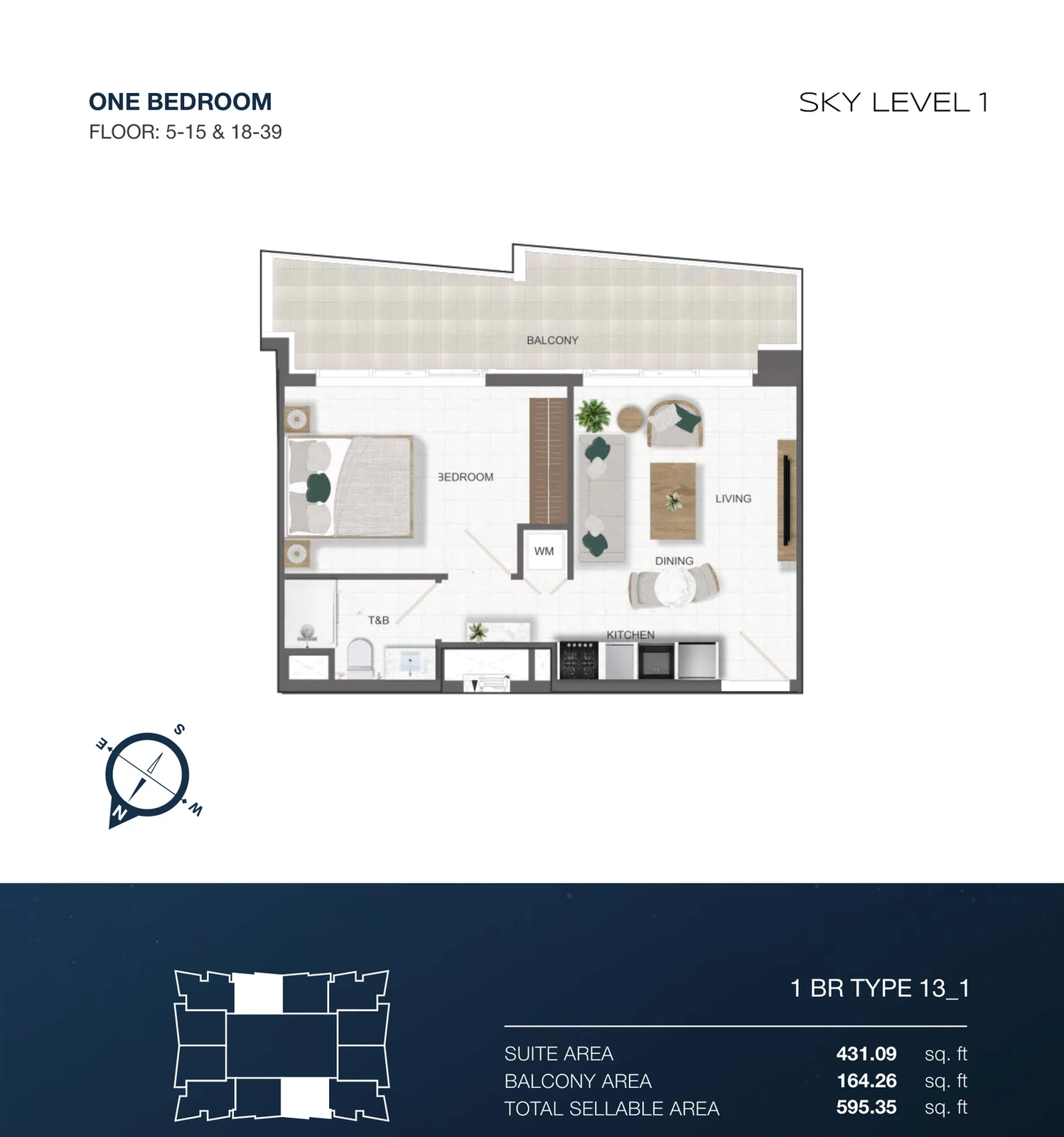 Sky Level 1 1-bedroom Type 13-1 apartment floor plan in Sky Level 1, 595.35 sq ft