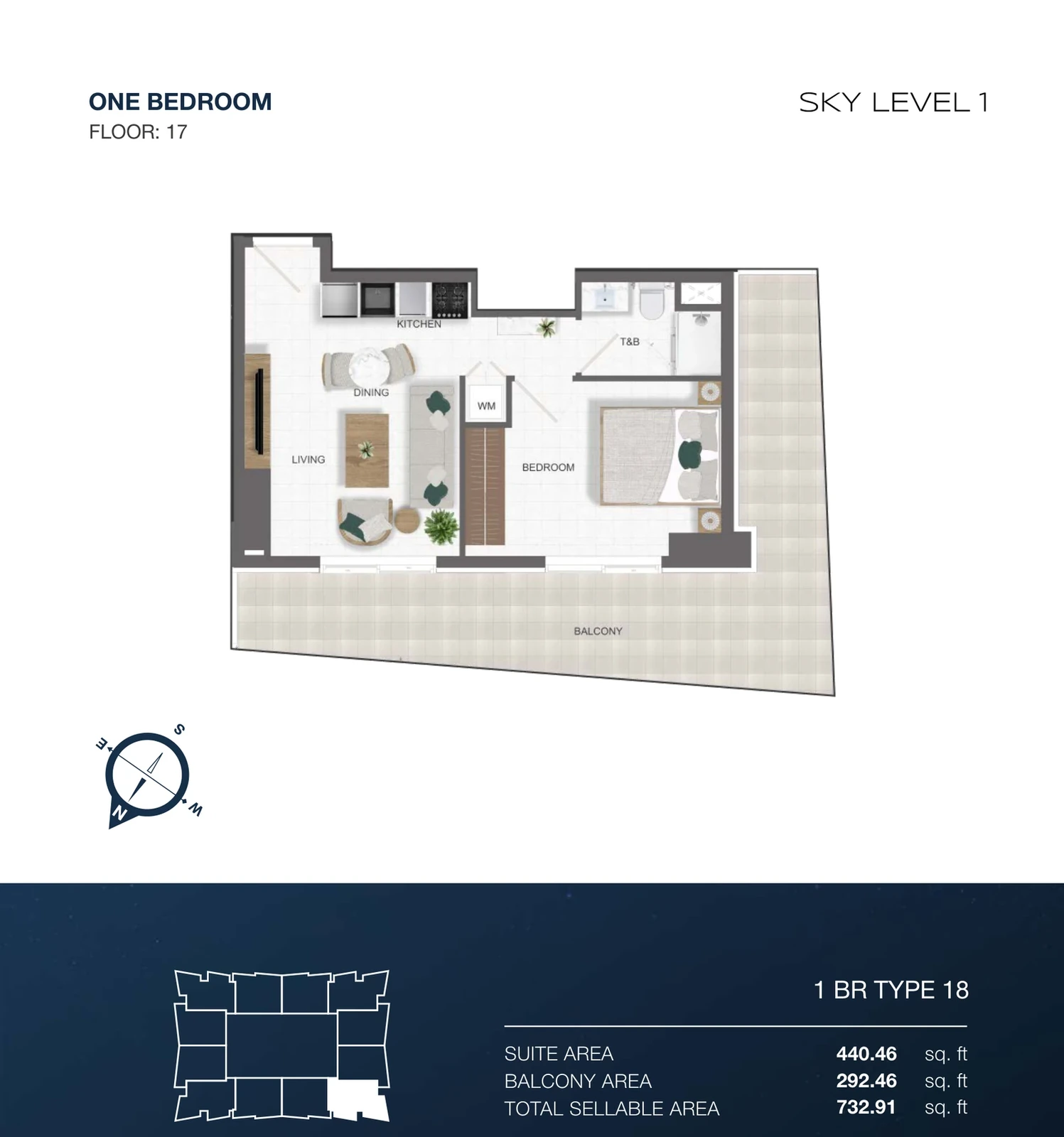 Sky Level 1 1-bedroom Type 18 apartment floor plan in Sky Level 1, 732.91 sq ft