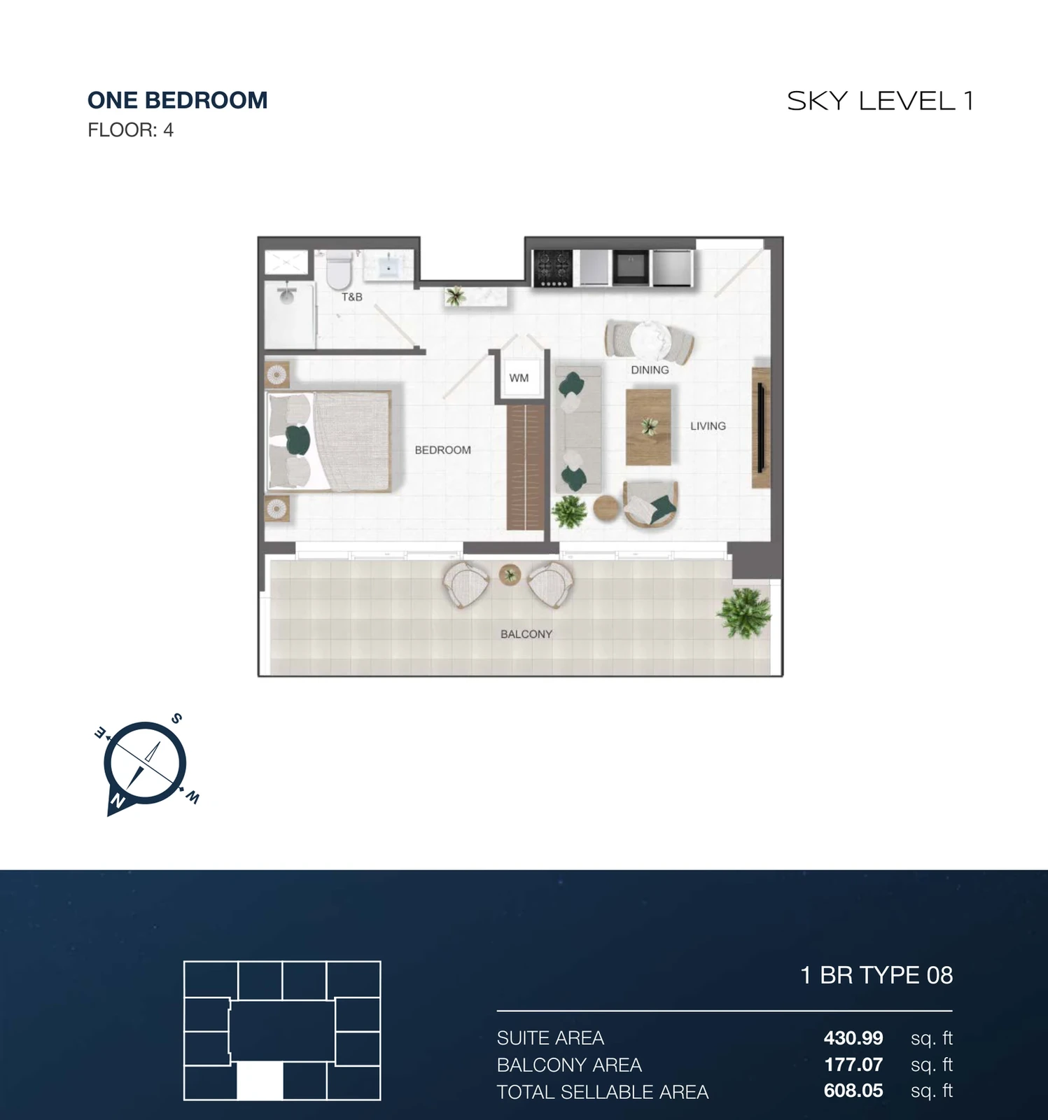 Sky Level 1 1-bedroom Type 08 apartment floor plan in Sky Level 1, 608.05 sq ft