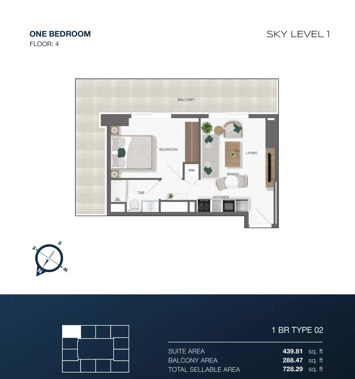 Sky Level 1 1-bedroom Type 02 apartment floor plan in Sky Level 1, 728.29 sq ft