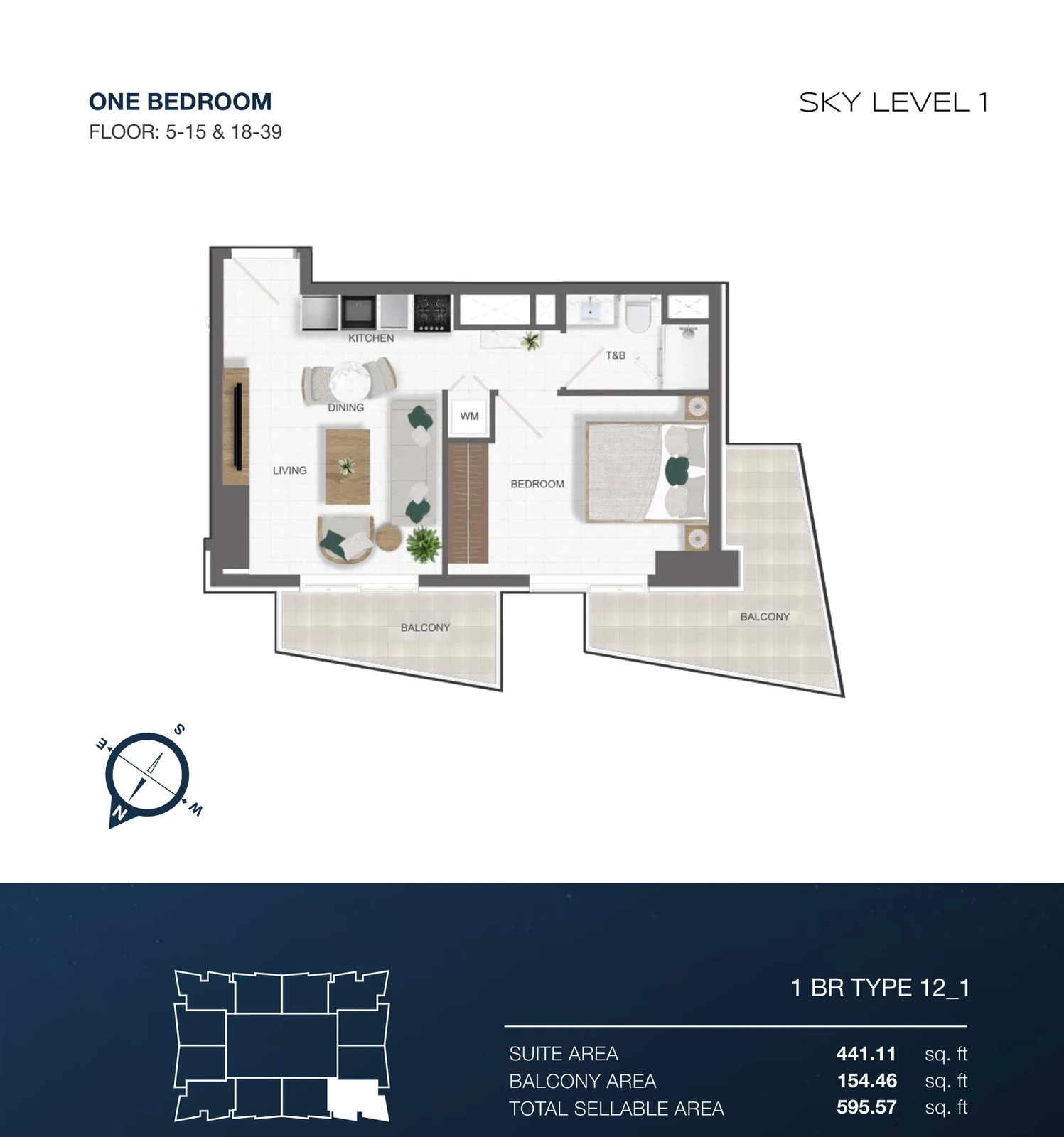 Sky Level 1 1-bedroom Type 12-1 apartment floor plan in Sky Level 1, 595.57 sq ft