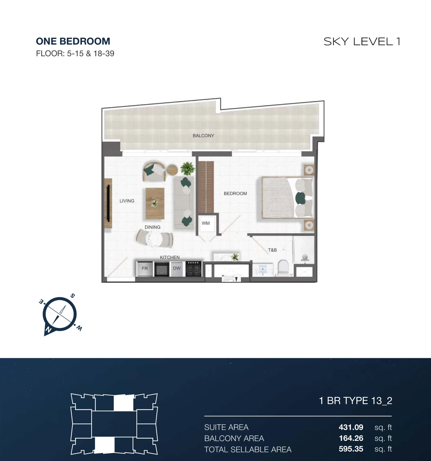 Sky Level 1 1-bedroom Type 13-2 apartment floor plan in Sky Level 1, 595.35 sq ft