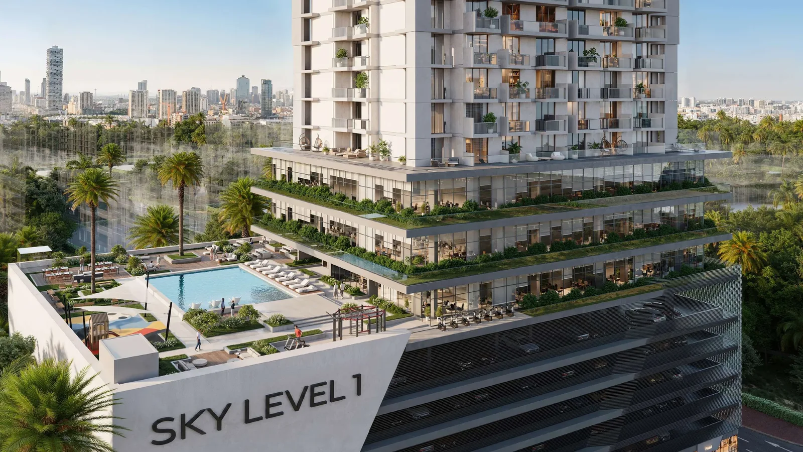Sky Level 1 podium terraces, pool deck and residential tower